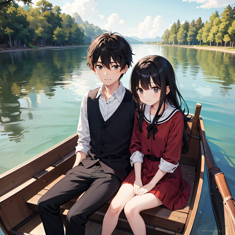 1girl and 1 boy, park lake, A dark-haired, Longhair Girl, Black eyes, sit facing each other in a rowboat