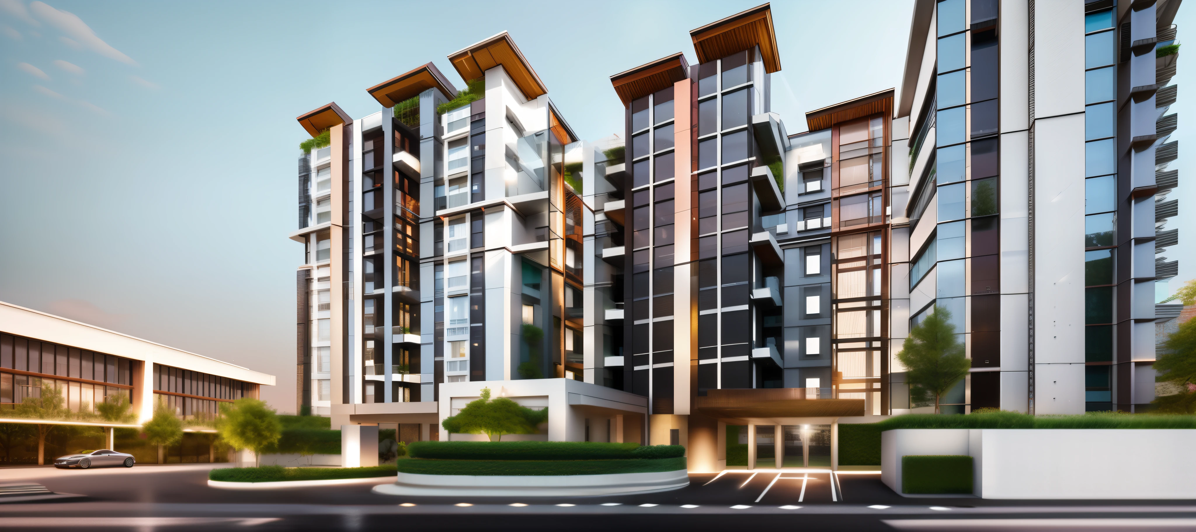 RAW photo, Masterpiece, high quality, best quality, authentic, super detail, DSLR, modern style, modern and future facade, around building and tree, the traffic ahead and around, two-point perspective