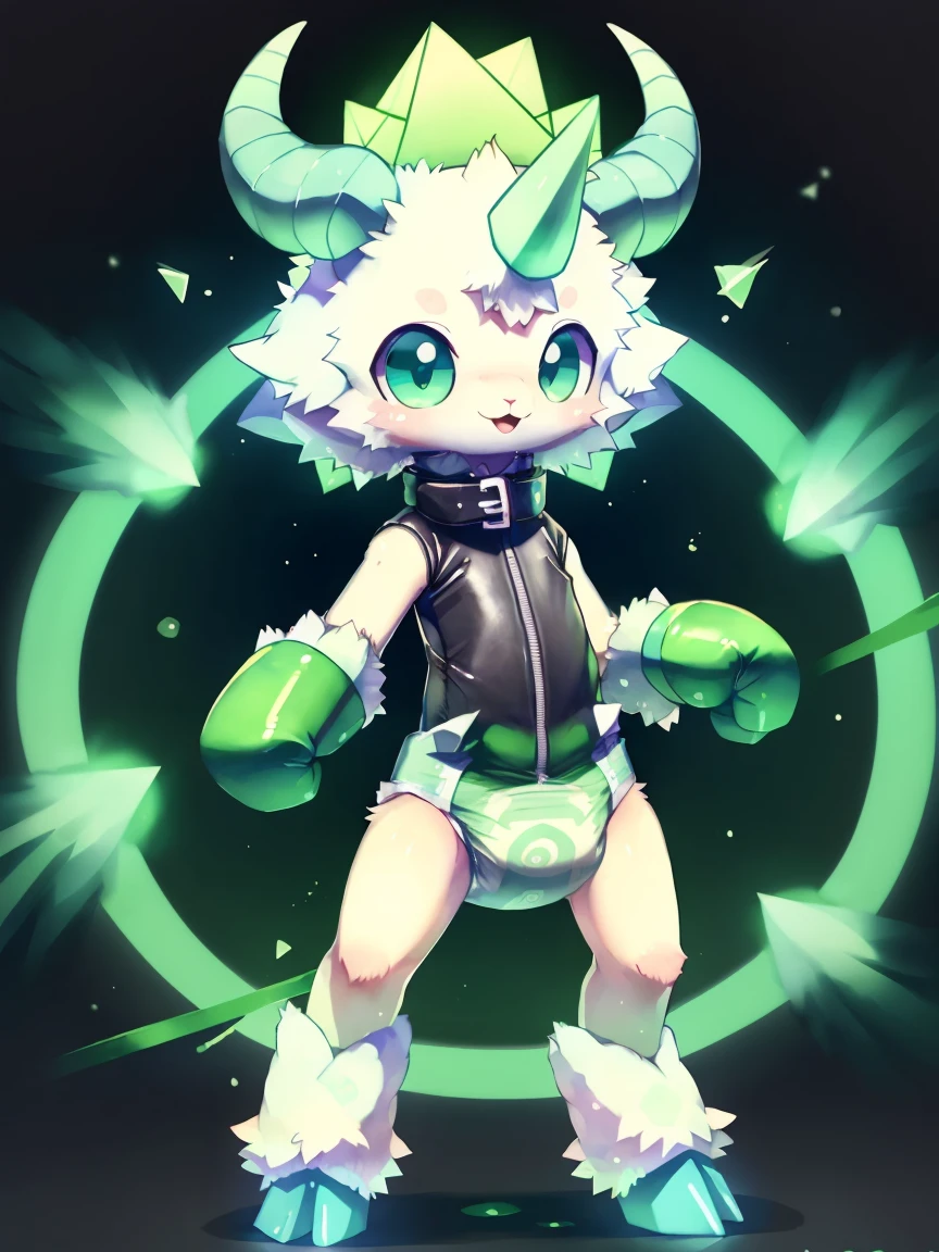 ((by wadorigi on Twitter)(Lamb)), pokemon, kid proportions, cute, adorable  , thin thighs, hooves,  upper limb hooves, light green fur, emerald horns, surrounded by glowing green spiral whirlwind, wearing soggy messy diaper leotard straitjacket, (leather cube shaped padded  fist mitts), leather wrist cuffs, standing