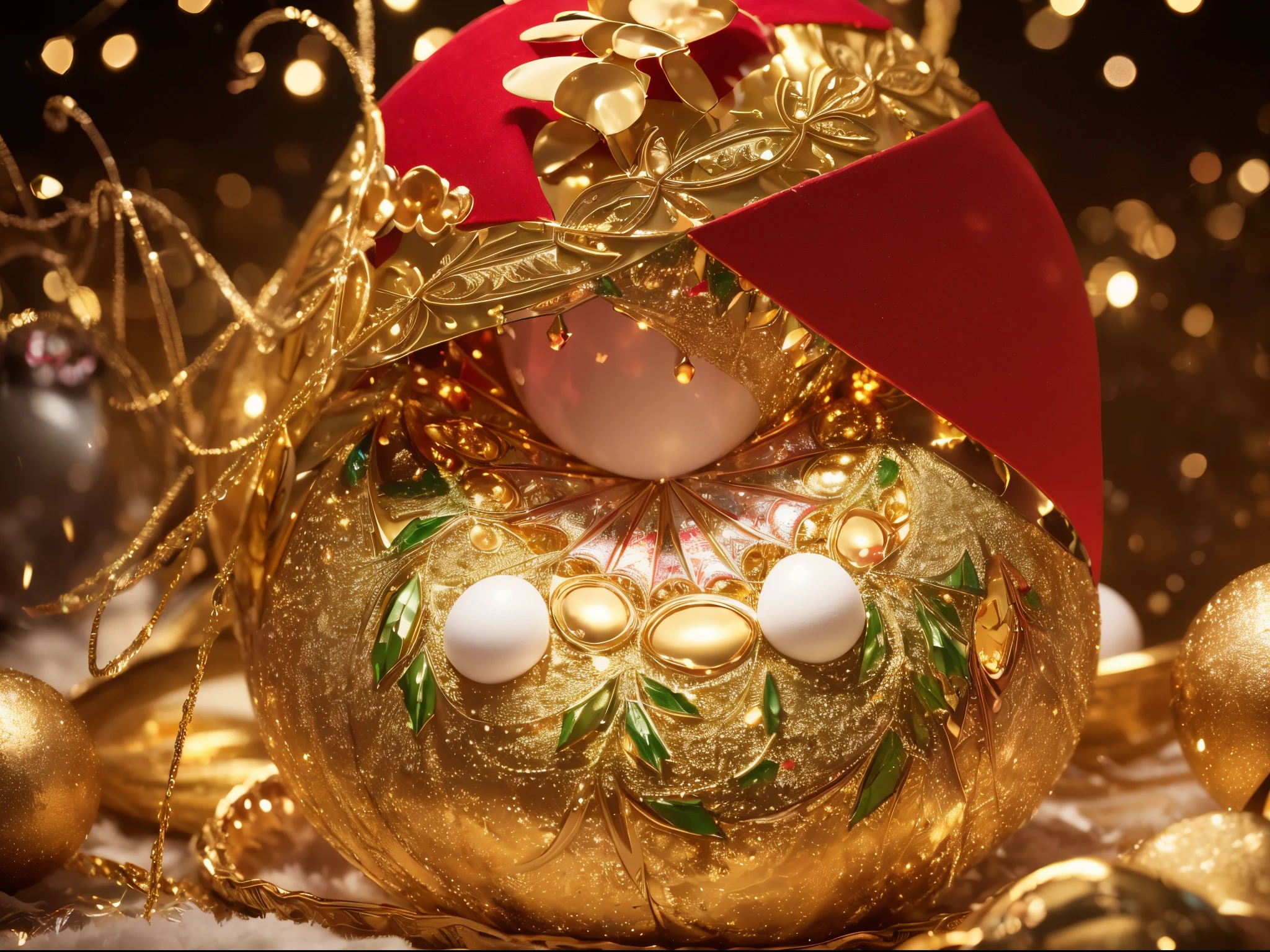 (best quality,4k,8k,highres,masterpiece:1.2),ultra-detailed,(realistic,photorealistic,photo-realistic:1.37), Earth-like planets hatching from golden, silver, and jewel-covered eggs arranged in mesmerizing fractal patterns. Multiple dimensions await as the eggs crack open, revealing stunning landscapes and ethereal beauty. Each planet adorned with Christmas-themed wonders, sparkling with holiday cheer. Warm, inviting lights illuminate the scene, casting a magical glow on the surroundings. Vibrant colors of red, green, and gold dominate the palette, creating a festive atmosphere. An extraordinary fusion of fantasy and Christmas magic, this artwork stands as a masterpiece, capturing the imagination and spreading Christmas joy through its every detail.