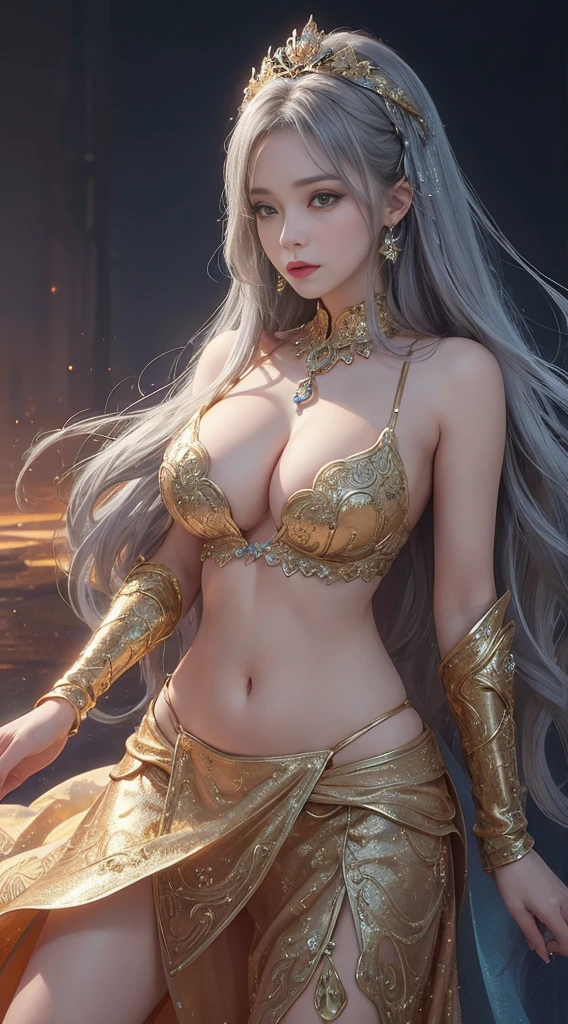 woman in a golden transparent dress,view the viewer,(((Huge cleavage, The cleavage is larger))),Slim waist,(belly button only,Bare waist), Long gray hair, Ultra-detailed details,High-end art station, Rainstorm site, detailed fantasy art, Stunning character art, Beautiful and beautiful character art, Beautiful gold and silver armor, The content is very detailed, Girl in shiny armor, Exquisite headwear and jewelry,crystal jewelry filigree, milky ways, stunning visuals, (dynamic streaks, Light track:1.2), vibrant with colors,a hologram