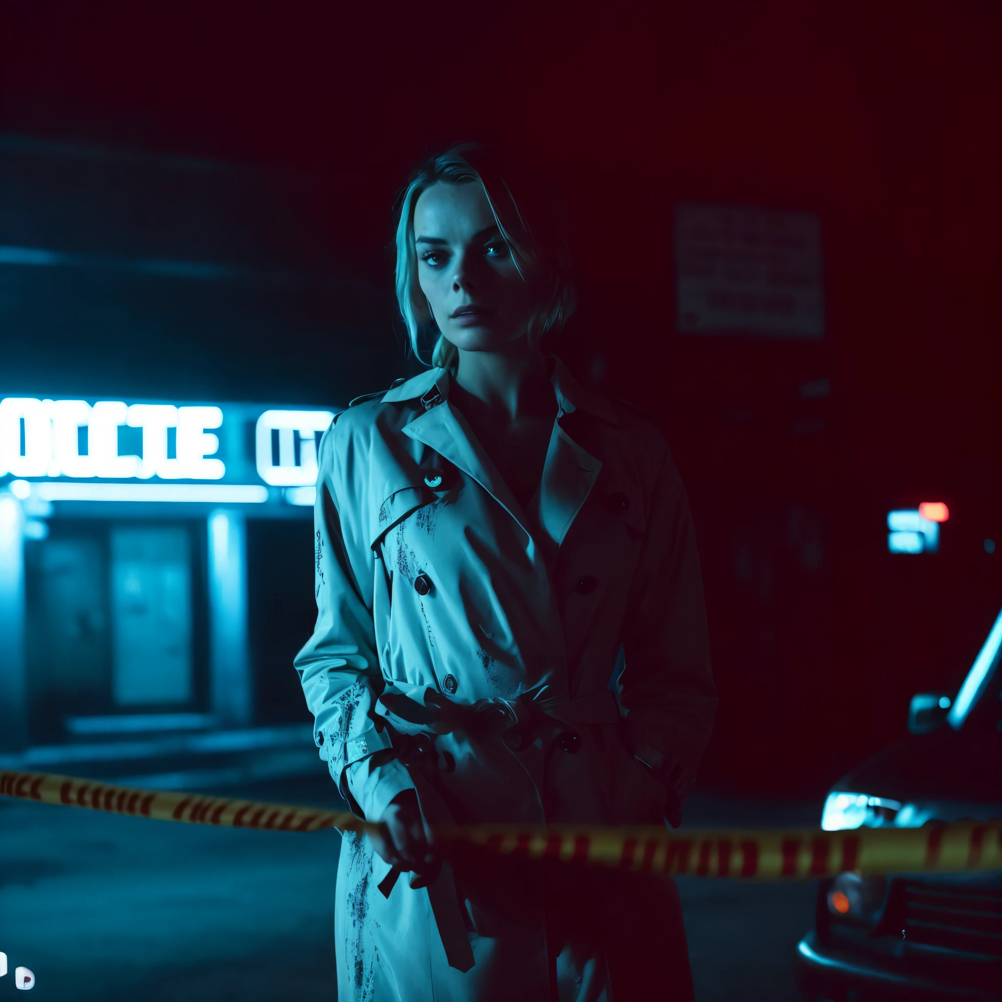 arafed woman in a trench coat standing in front of a police tape, neo noir style, neon operator margot robbie, film promotional still, inspired by Elsa Bleda, detailed cinematic photography, neo - noir style, film still from a horror movie, stunning moody cinematography, neo - noir setting, beaten tech. neo noir style, dimly lit scene, production still