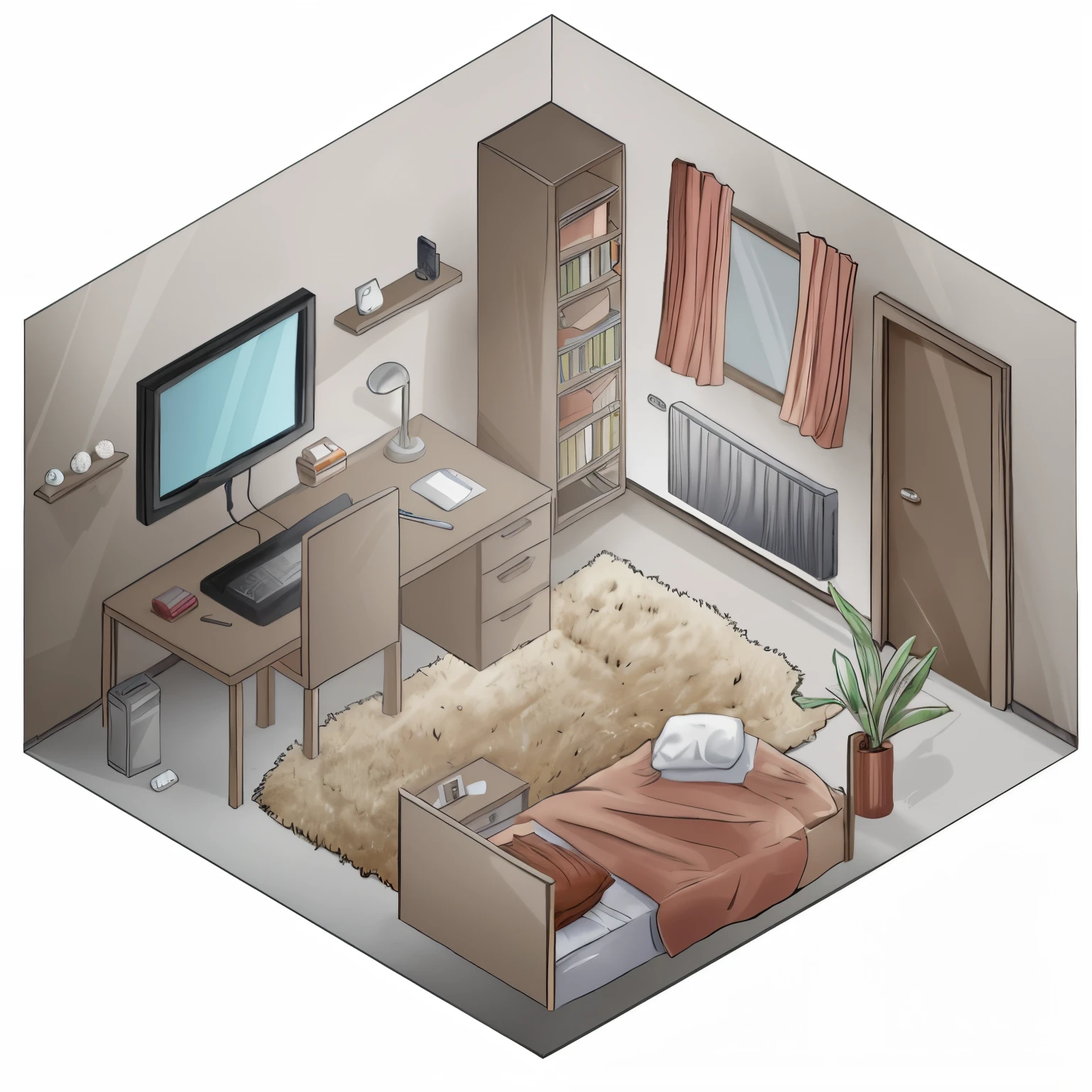 There is a room with a bed, escritorio, & Television, Dormitorio estilo RPG Maker, personal room background, isometric style, pixel art isometric drawing, isometric illustration, Arte de fondo interior, isometric art, isometric game art, detailed 2d illustration, Isometric environment, small room, not isometric, isometric pixel art, photorealistic room