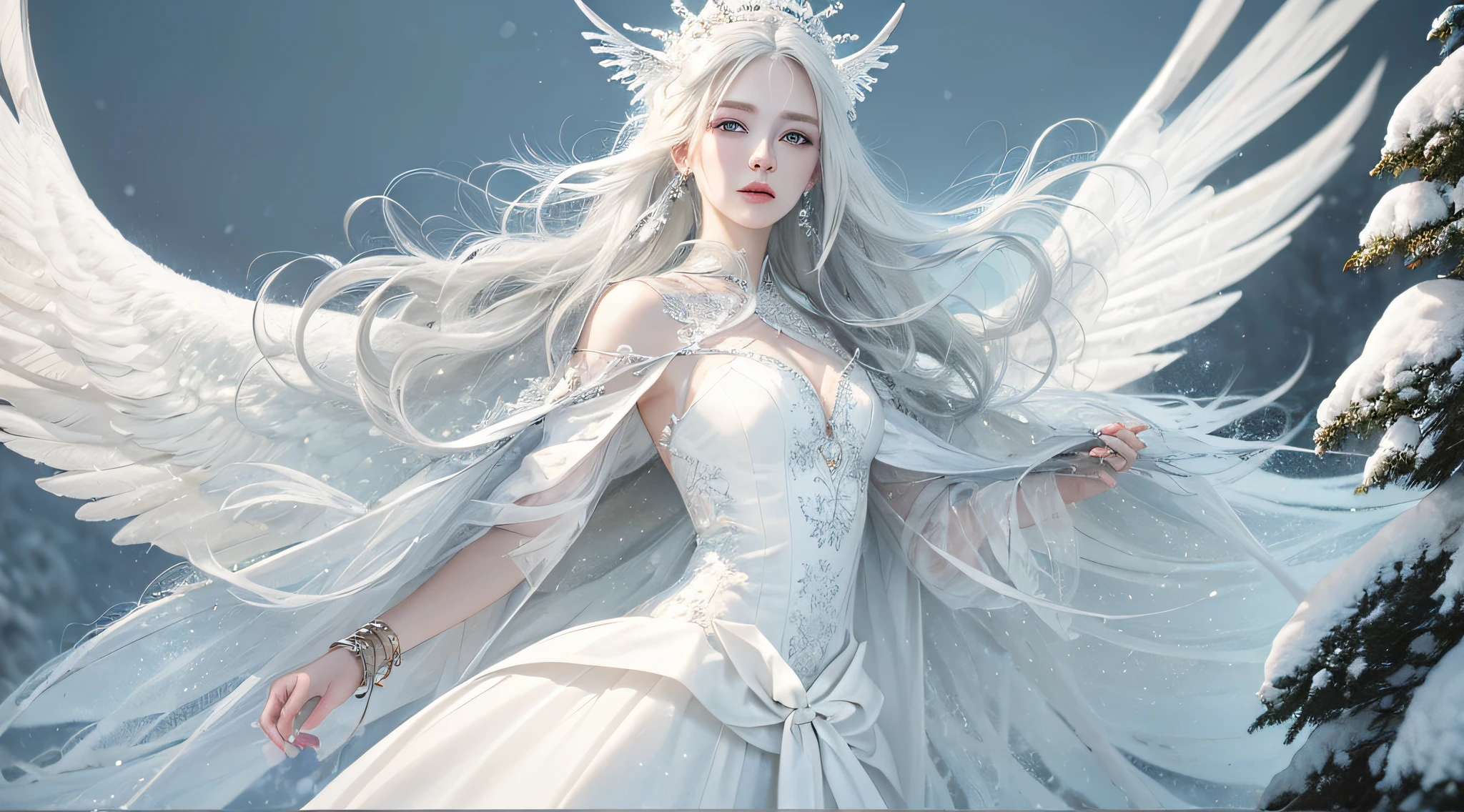 (masterpiece, high quality, high resolution, 10, complex:1.2), (detailed face:1.2), beautiful, detailed skin, pores, surreal, imaginative, [show your shoulders.], 1 girl, white angel dress, (realistic), good lighting quality, Korean girl, (pale skin), balanced eyes, angel with 6 wings, snowy landscape, I'm live streaming., graceful, enchanting, Snow White, white hair, snow, Snow Queen
