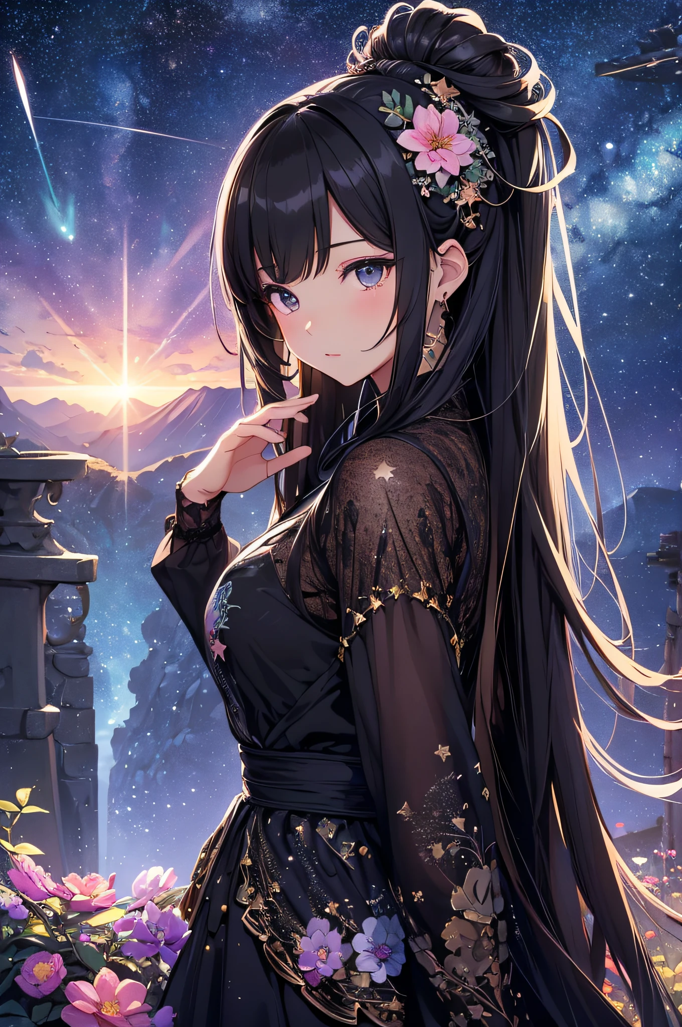 masterpiece、High Detailed Girls((独奏、a beauty girl、doress、Highly detailed hair ornament、Hair is tied up))、Background with((Fantastic starry sky、meteors、black hole))、glowing flower field