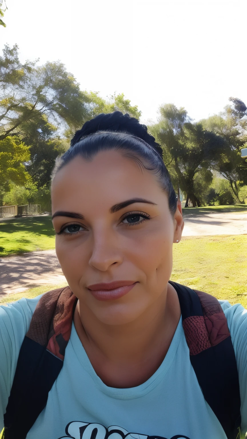 there is a woman with a backpack on her back in a park, no parque em um belo dia, 3 0 anos de idade mulher, Mulher de 30 anos, Parque em segundo plano, no parque, em um parque, rosto suado, com um parque ao fundo, 3 2 anos, 3 6 anos, Mulheres de 40 anos
