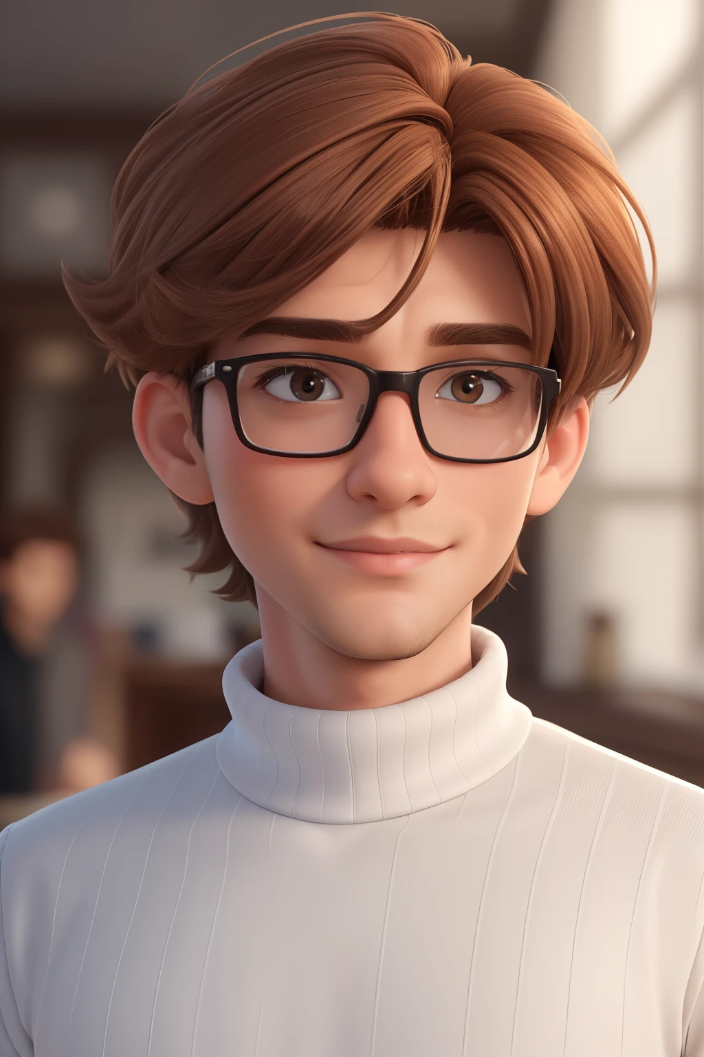 (Best Quality,4K,8K,hight resolution,masutepiece:1.2),Ultra-detailed,Realistic,hardworking young man with tousled brown hair, Handsome face, Square face shape, Light brown hair and eyes, Wearing a white turtleneck, Big glasses,smooth hair,Bangs fall on the forehead,