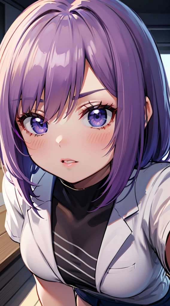 "(best quality, highres, ultra-detailed), female anime, t-shirt and school mini skirt, short purple hair, detailed eyes and face, beautiful detailed lips, long eyelashes, vibrant colors, anime style, natural lighting"