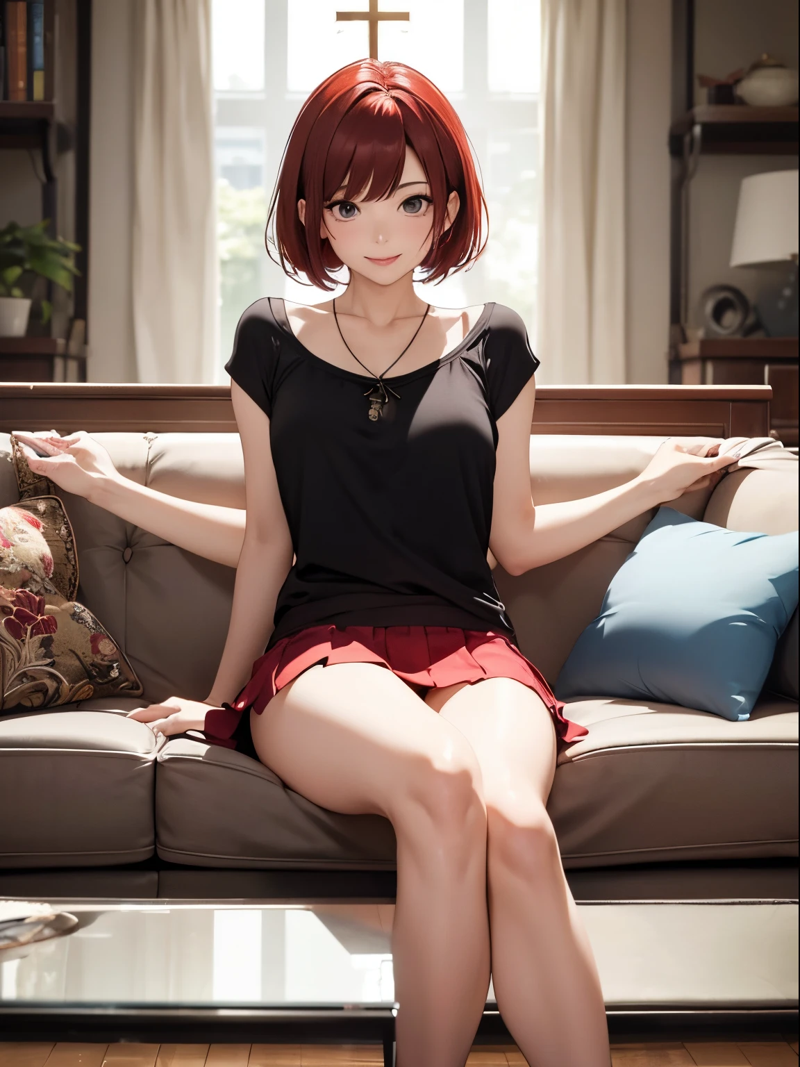 Masterpiece、Ultra-high-definition animation image quality、8k、sit on sofa、Ultra mini skirt、onepiece、Cross your legs、48yo、Beautiful Mature Woman、beautiful countenance、A slight smil、half-opened mouth、Red cheeks、Big eyes、short-hair、seductiv、A sexy、Lusting、Perfect limbs