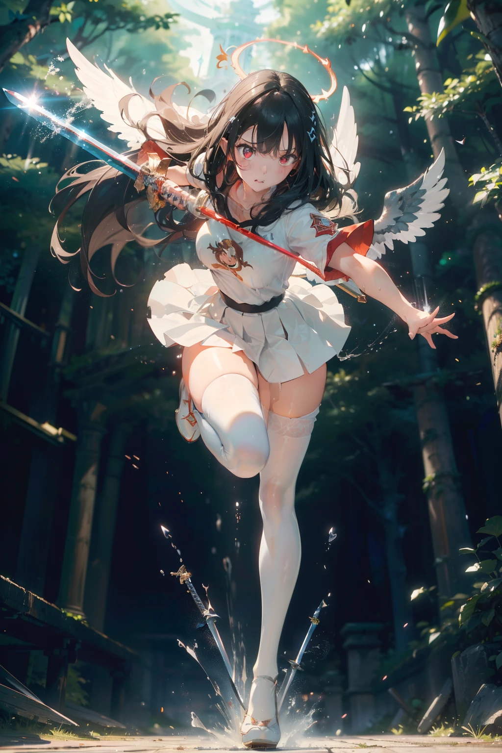 ((SFW)),(masutepiece, Best Quality),((high-definition4K)), 1lady, Solo, (White scales, Body cover with scale), Halo, Wings,Fallen Angel, Black hair, Loose waves, Red Eyes,Wet White Sheer T-Shirt,Short sleeve,Wet white skirt,White stockings,white thigh highs,Standing、(Best Quality: 1.3), 8K, (Masterpiece: 1.3), Ultra High Resolution, 1 Girl, Extra Huge, Oversize, (Sword: 1.5), Open Stance, Dynamic Attack Action Pose, Slash, Attack Action, (Speeding) Moving Girl in Sky at High Speed, (Slow motion:1.3), (motion blur:1.3), (speed lines:1.4), sense of speed, elf, (white armor), (forest), blonde, (full body: 1.4), cute face, medium hair, 18 years old,