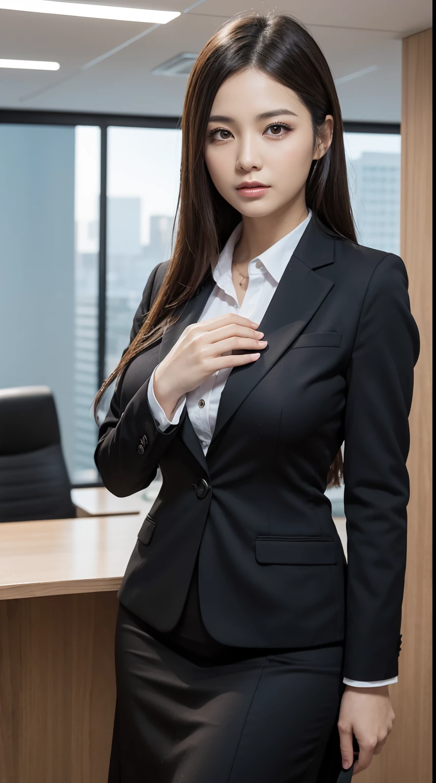 Tabletop、highlight、Asian woman、Black Hair、Heavy bangs、high school girl、blazer、skirt、Gazing Eyes、Support your chest with your arms、tight chest、