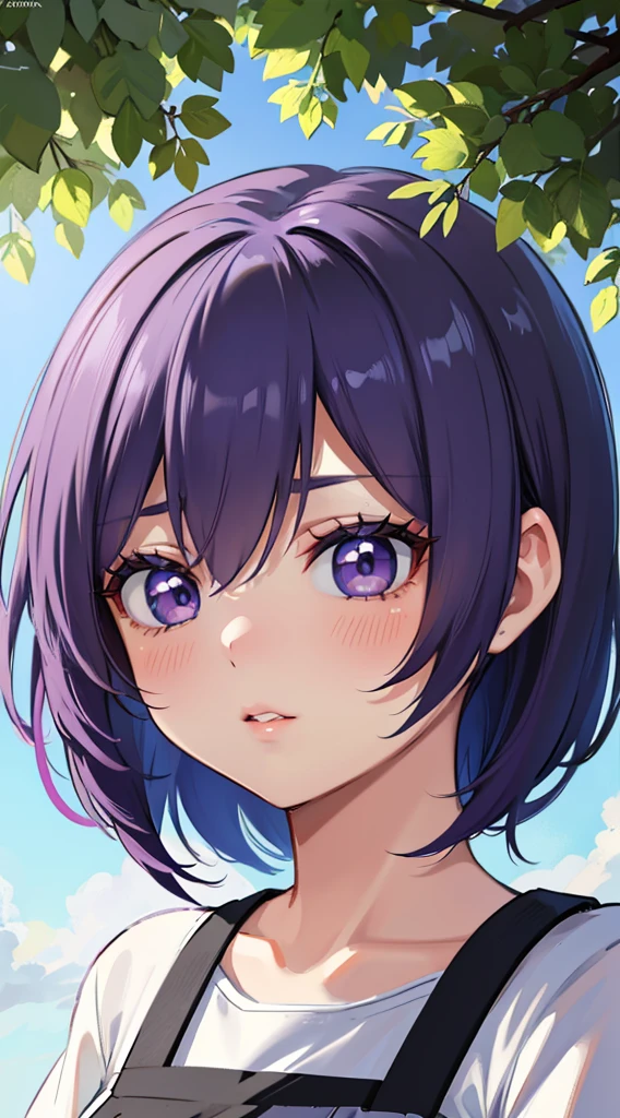 "(best quality, highres, ultra-detailed), female anime, t-shirt and school mini skirt, short purple hair, detailed eyes and face, beautiful detailed lips, long eyelashes, vibrant colors, anime style, natural lighting"
