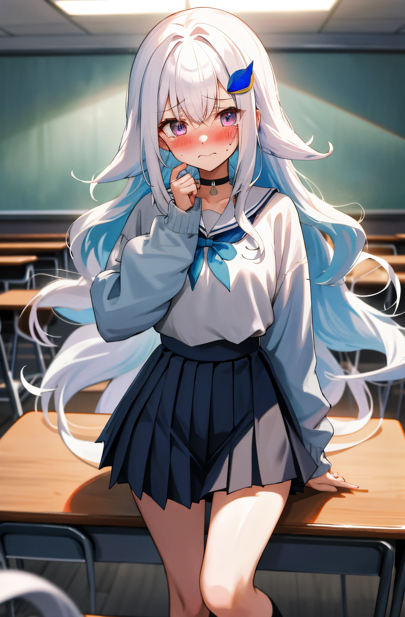 One girl with long wavy hair, white hair, looking at viewer, embarrassed, blushing, tears, indoor , school uniform, white shirt, necktie, puff long sleeves, mini skirt, thigh, perfect waist, classroom, noon atmosphere, hair ornament, standing, (embarrassed:1.0)