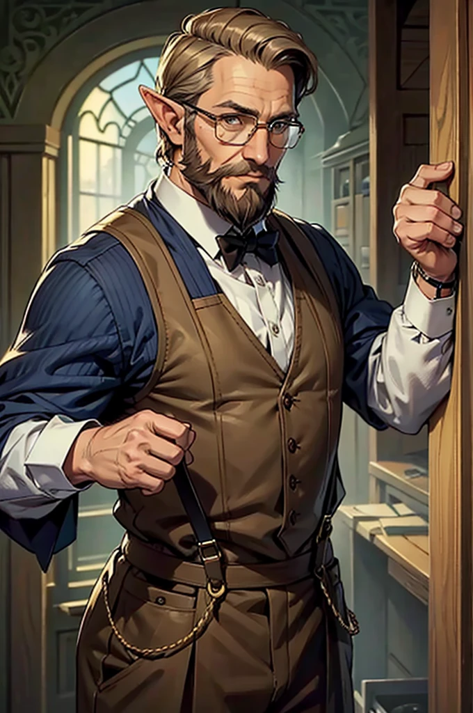 Older man, elven, brown eyes, short hair, glasses, beard. suspenders, mayor