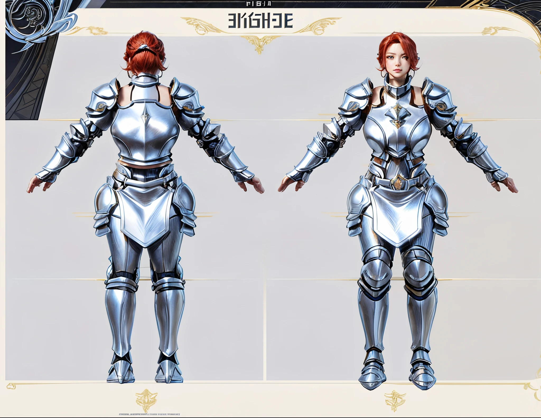 (masterpiece:1.1),(highest quality:1.1),(HDR:1),extreme quality, a close up of a person in armor with red hair, full body character concept, full body concept, detailed full body concept art, concept armor, detailed full body concept, full body concept art, valkyrie style character, game character design, concept character, full body character concept art, 3 d character reference sheet, female mecha, video game character concept, detailed character design, character sheet, character model sheet turnaround , front and back, front and back, Paladin wearing Silver Chain Armor with Moonlit Edges, black pants inside, red loincloth