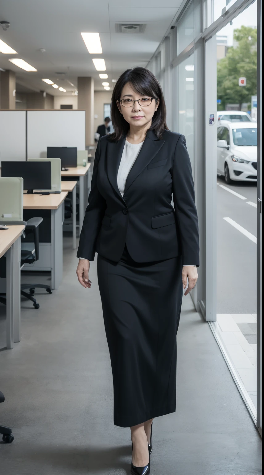 4k,8k,16k,32k,realistic, photorealistic, RAW photo,ultra realistic photo ,Best Quality, High Quality,Ultra Quality, 8K Portrait,CG unity 8k wallpaper, insanely detailed beautiful kawaii face,Japanese ,old woman,60 years old ,large breast, voluptuous,(woman's Black Business Suit midi Skirt),frontage,cowboy shot,in Glass-walled IT Office