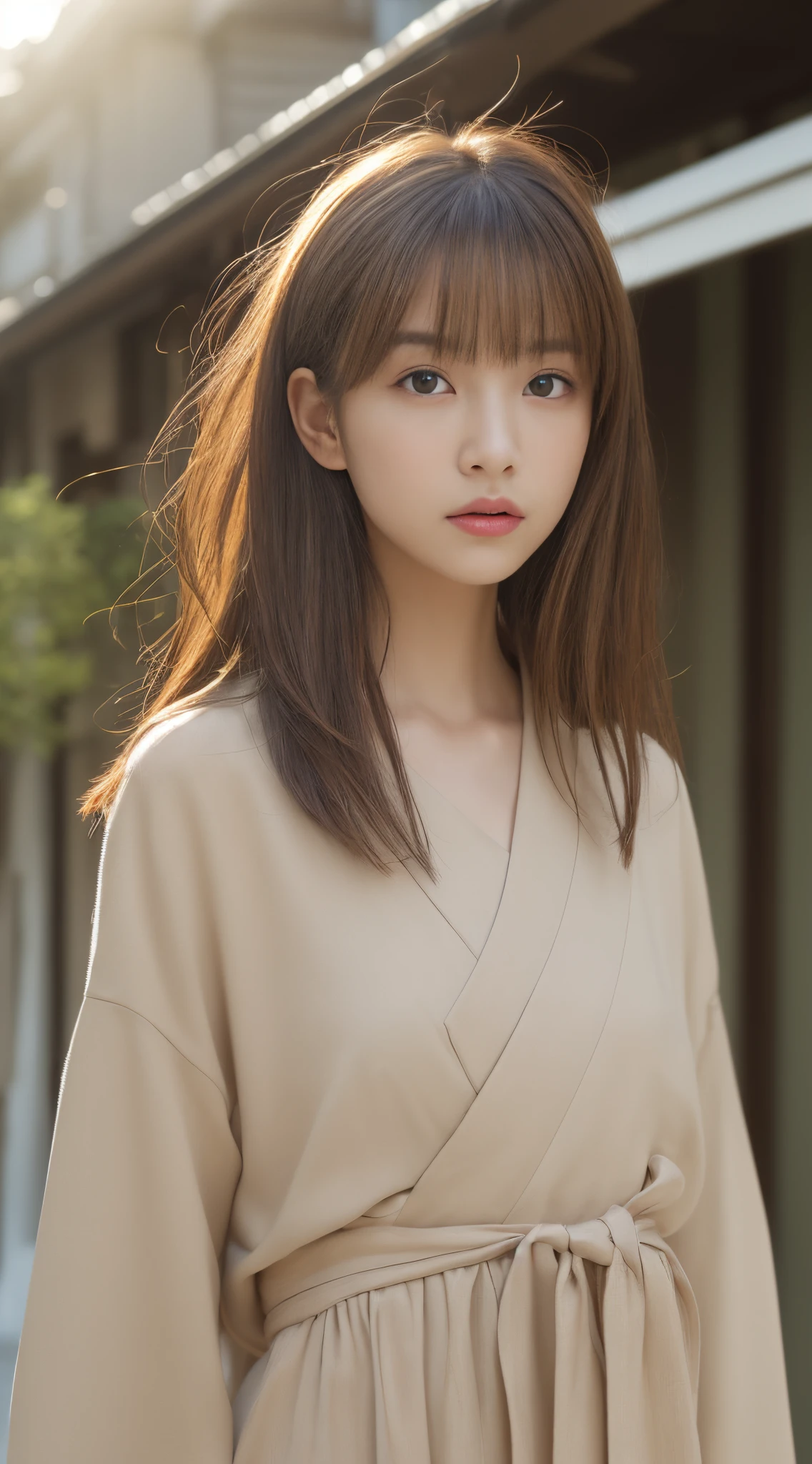 ((Realistic lighting、top-quality、8K、masterpiece:1.3))、Clear focus:1.2、1girl in、Perfect figure:1.4、Slim abs:1.1、((lightbrown hair))、(Fashionable autumn clothes)、(outside of house、natta:1.1)、Street、Super fine face、Narrow-eyed、二重まぶた、