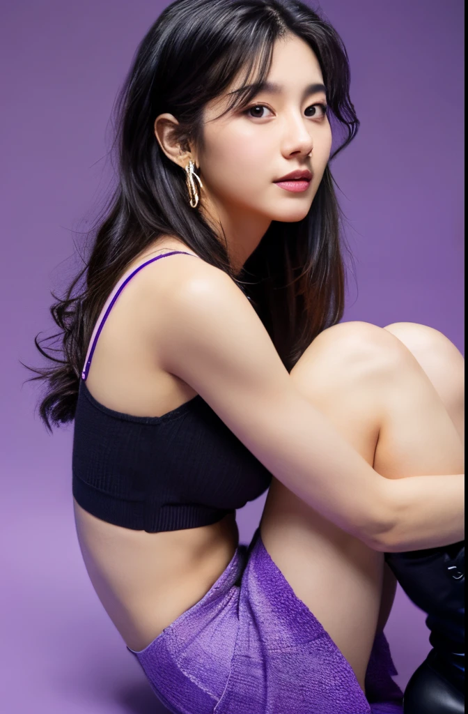 1girl, 175cm,korean model, 23 years old,soft body, black hair, wavy hair,whole body, hair reaches waist, whole body,((head to leg)),black bracelets,black chain,((purple mini skirt)), black tall boots,large earrings,close-up, 8k, RAW photo, best quality, masterpiece,realistic, photo-realistic,seductive,cute,violet background, erotic pose, lying on ground , half way undressed, high quality, intricate, high detailed, hyper realistic