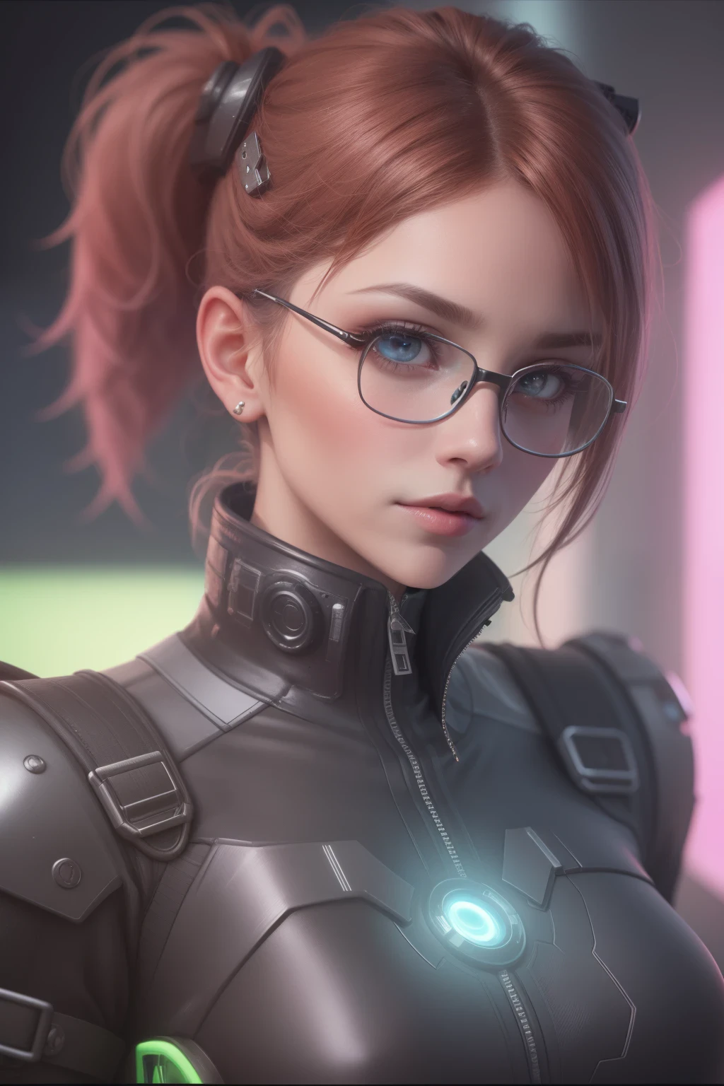 Fictional portrait of a sci-fi cyberpunk girl. Looking at the camera. Eyeglasses. High-tech futuristic woman from the future. The concept of virtual reality and cyberpunk. 3D realistic render.  16:9. 4k. dark backgroung, neon lights. --auto --s2