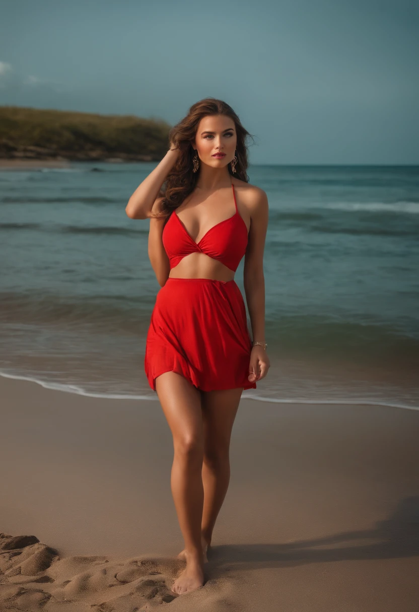 full body shot of a young woman with eyes, red bikini, wearing makeup, but not too much, looking sexy, face with artgram, subtle makeup, full body shot, short dress, beach background, large size bust, in the shore