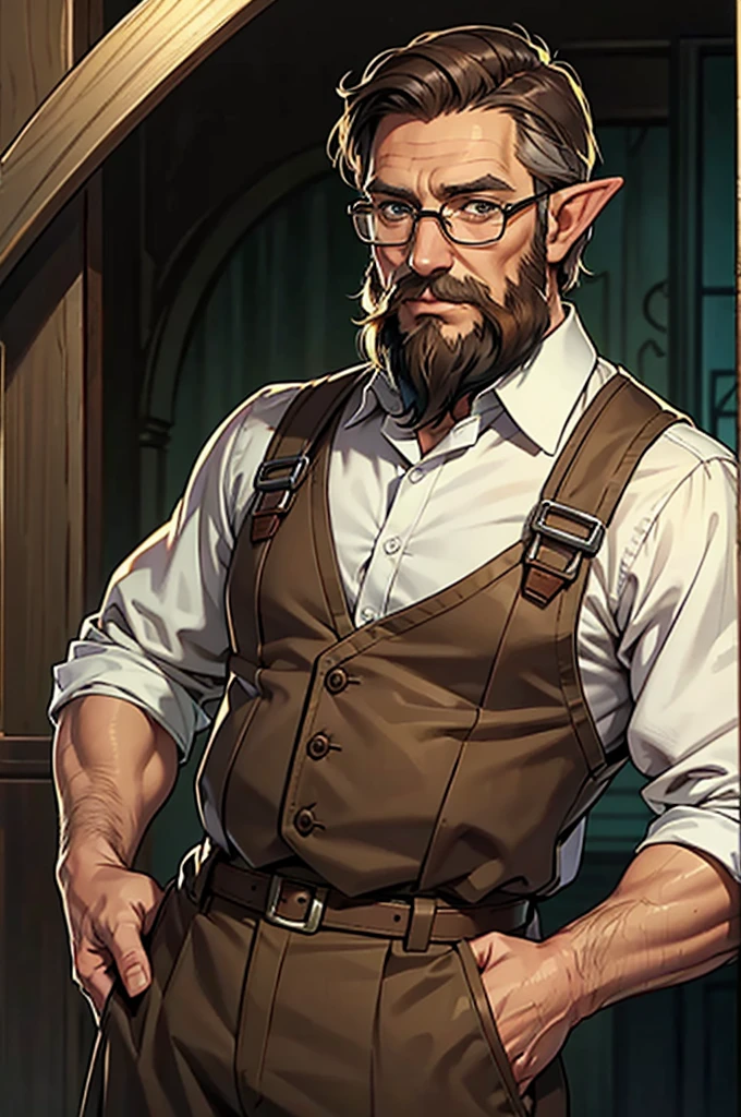 Older man, elven, brown eyes, short hair, glasses, beard. suspenders, mayor