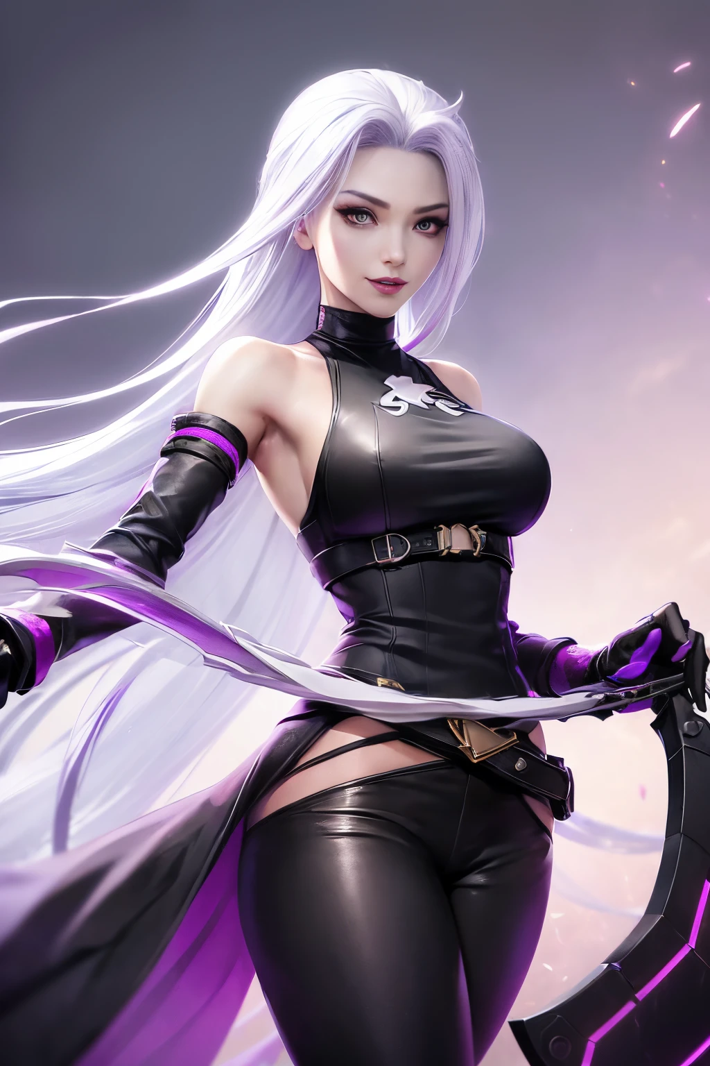 jinx (destiny, 1个Giant Breast Girl, long whitr hair, Alone, White hair, a purple eye, Very long hair,, White robe, Black pants, trouser, Fingerless gloves, Wide sleeves, By bangs, nedium breasts, longer sleeves, Black gloves, robe,，With a scythe in his hand， looking at viewert, ssmile