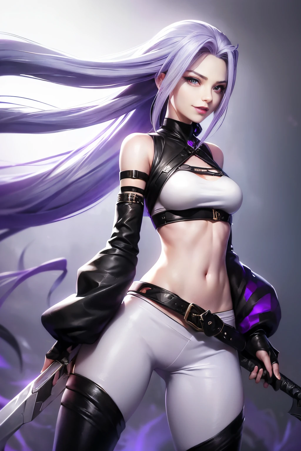 jinx (destiny, 1个Giant Breast Girl, long whitr hair, Alone, White hair, a purple eye, Very long hair,, White robe, Black pants, trouser, Fingerless gloves, Wide sleeves, By bangs, nedium breasts, longer sleeves, Black gloves, robe,，With a scythe in his hand， looking at viewert, ssmile