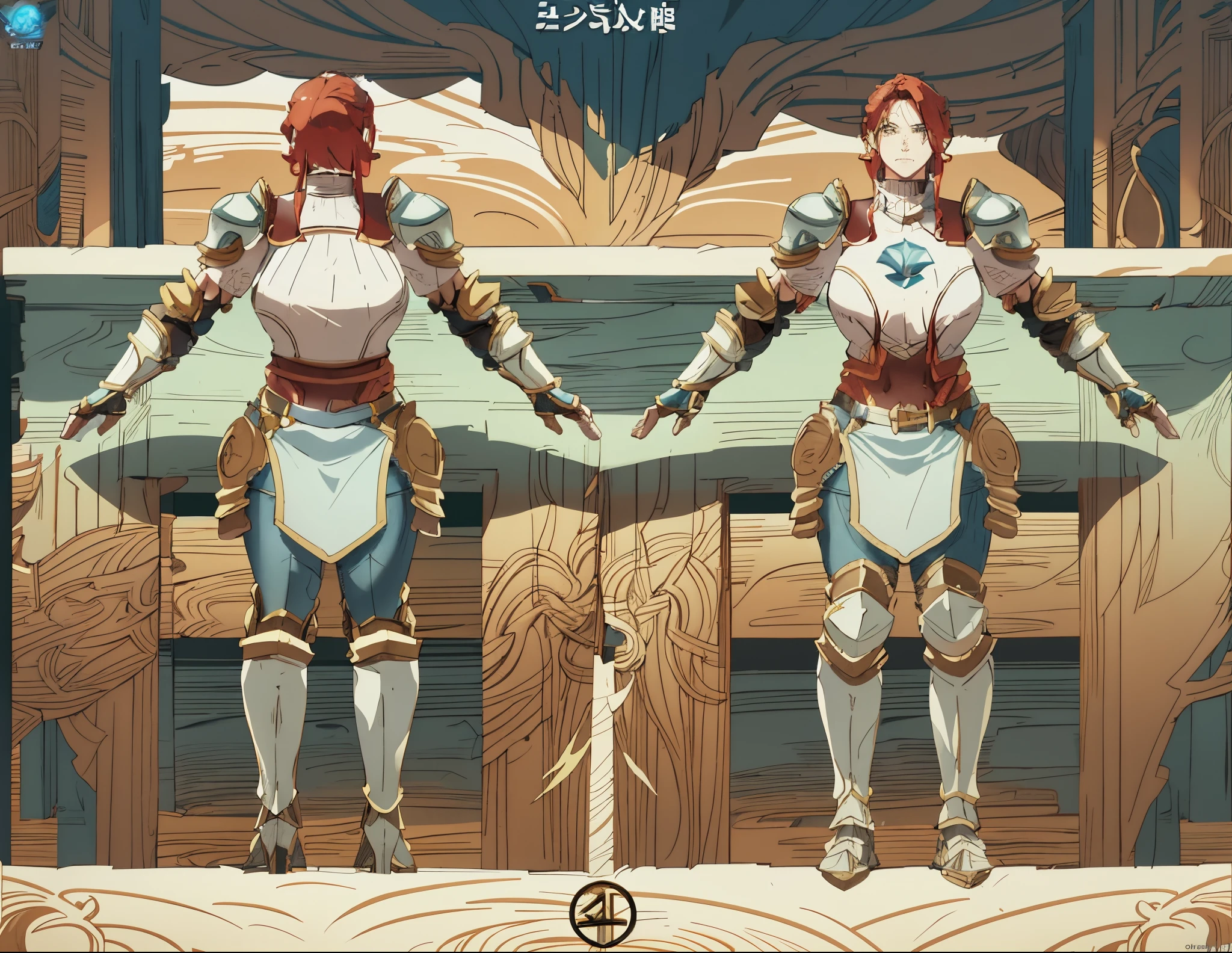 (masterpiece:1.1),(highest quality:1.1),(HDR:1),extreme quality, a close up of a person in armor with red hair, full body character concept, full body concept, detailed full body concept art, concept armor, detailed full body concept, full body concept art, valkyrie style character, game character design, concept character, full body character concept art, 3 d character reference sheet, female mecha, video game character concept, detailed character design, character sheet, character model sheet turnaround , front and back, front and back, Paladin wearing Silver Chain Armor with Moonlit Edges, black pants inside, red loincloth