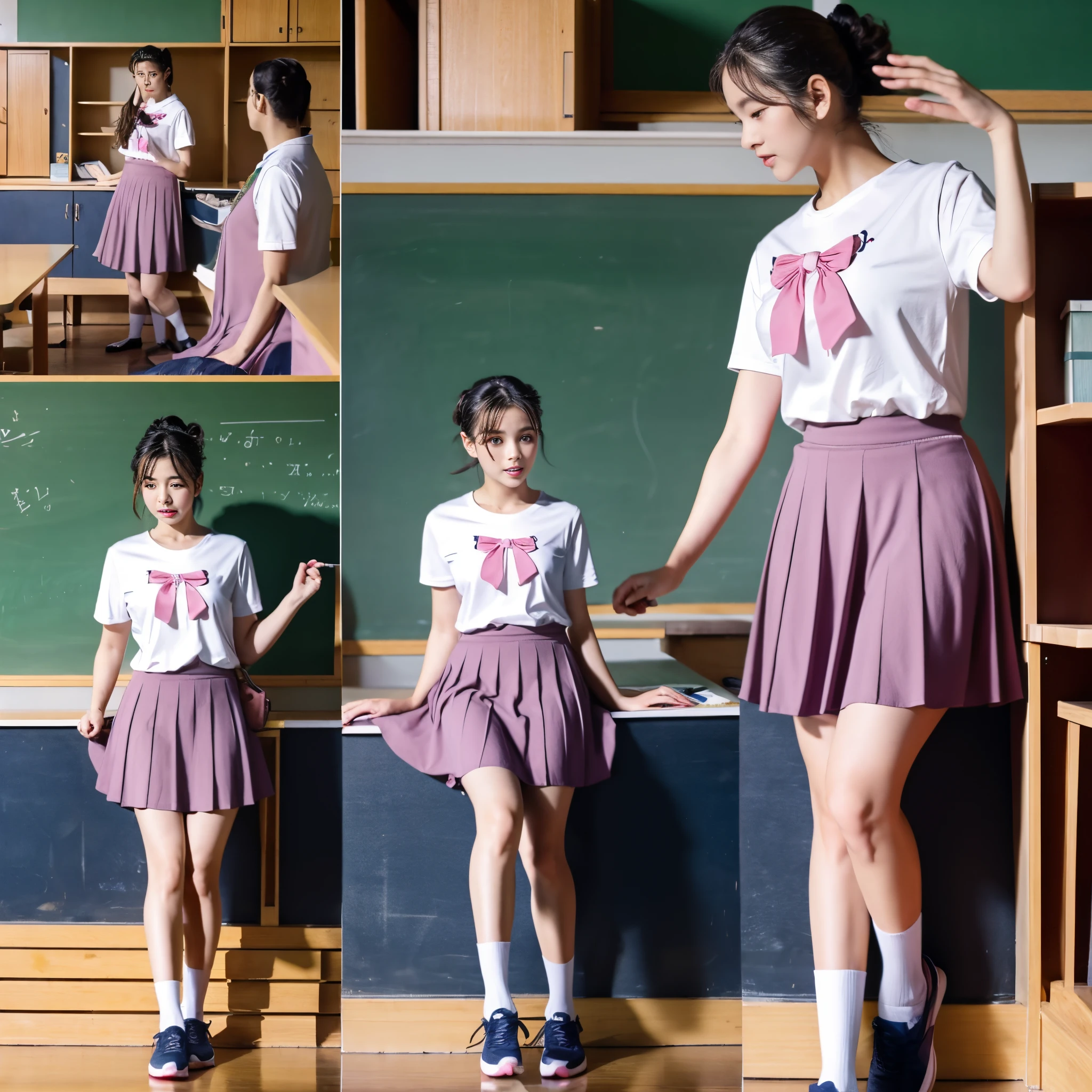Female teacher standing in front of the teacher&#39;s desk with a ponytail、Fluttery short-sleeved t-shirt with pink pearls、Fluttery navy blue skirt that reaches above the knee、Black tights、Pink athletic shoes