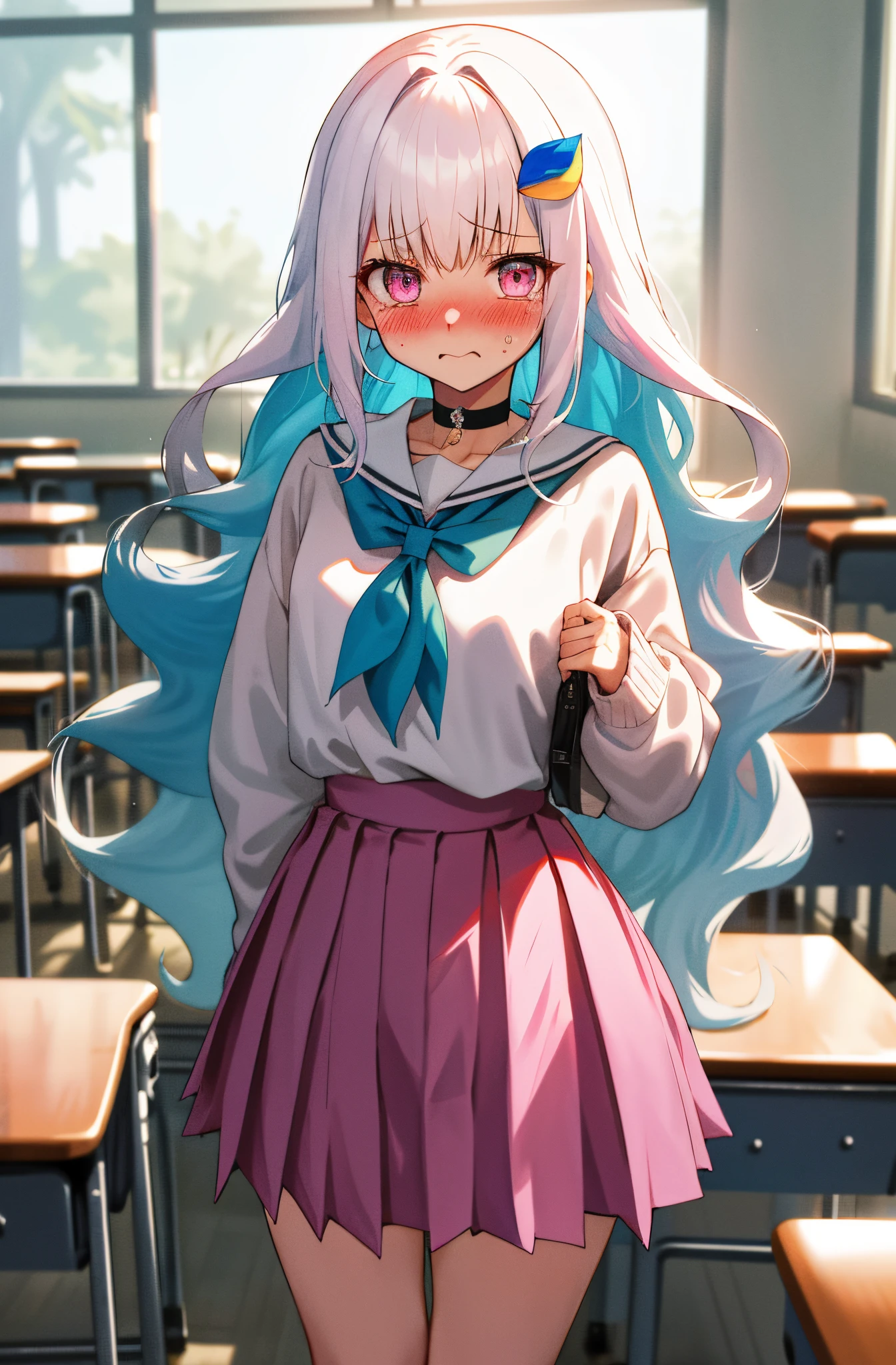 One girl with long wavy hair, white hair, blue inner hair, looking at viewer, embarrassed, blushing, tears, indoor , classroom, oversized sweater, long sleeves, pleated skirt , pink skirt, mini skirt, slim, dizzy, choker, mid-chest, wide hips, perfect waist, spread legs, day atmosphere, hair ornament, standing, (embarrassed:1.0)