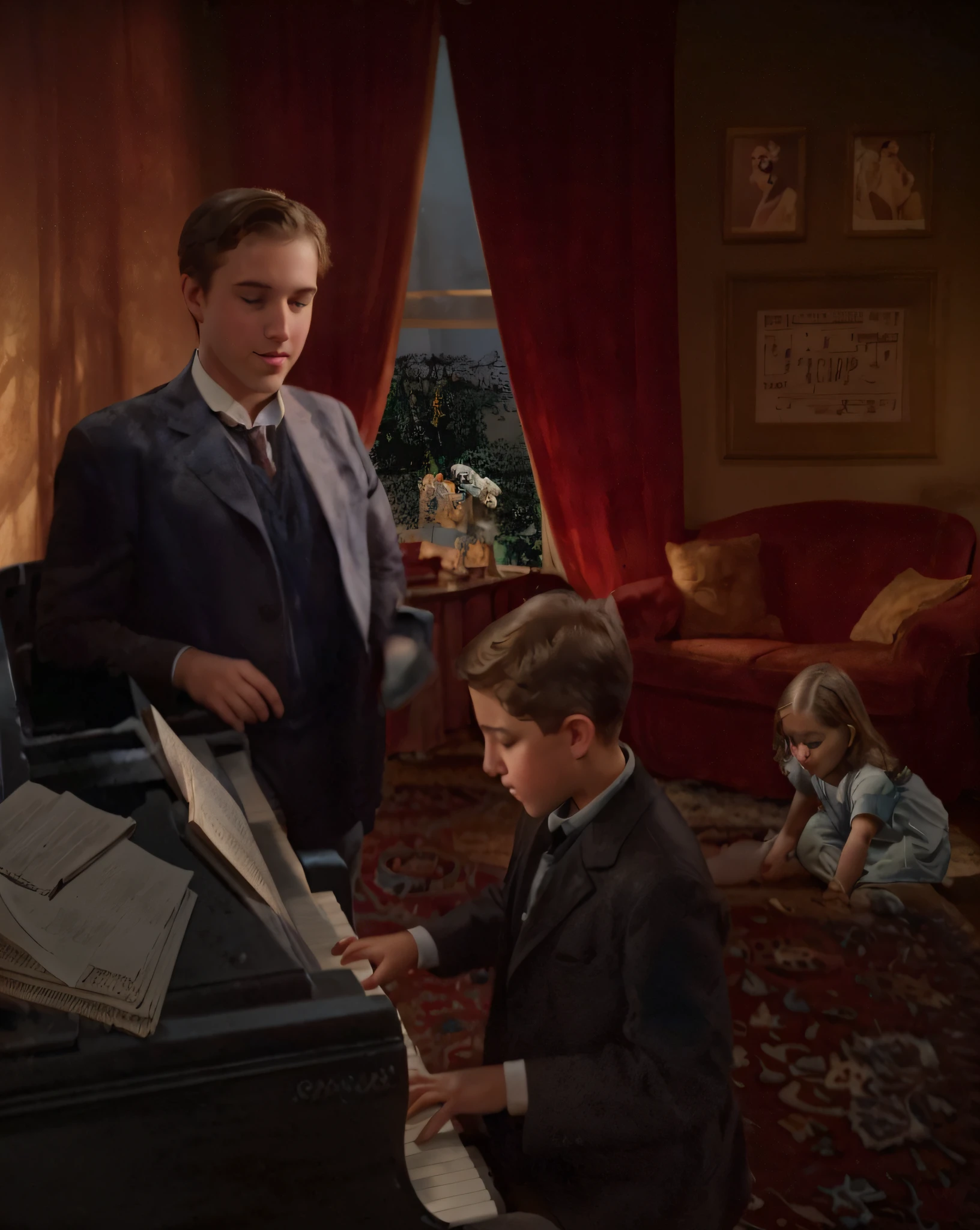 A teen boy plays piano, A happy brown-haired caucasian 40-year-old male music teacher standing and watching a teenage brown-haired boy play piano in a 1915 Manhattan apartment while a 2-year-old blonde girl plays on a Persian rug on the floor, dramatic rim lighting
