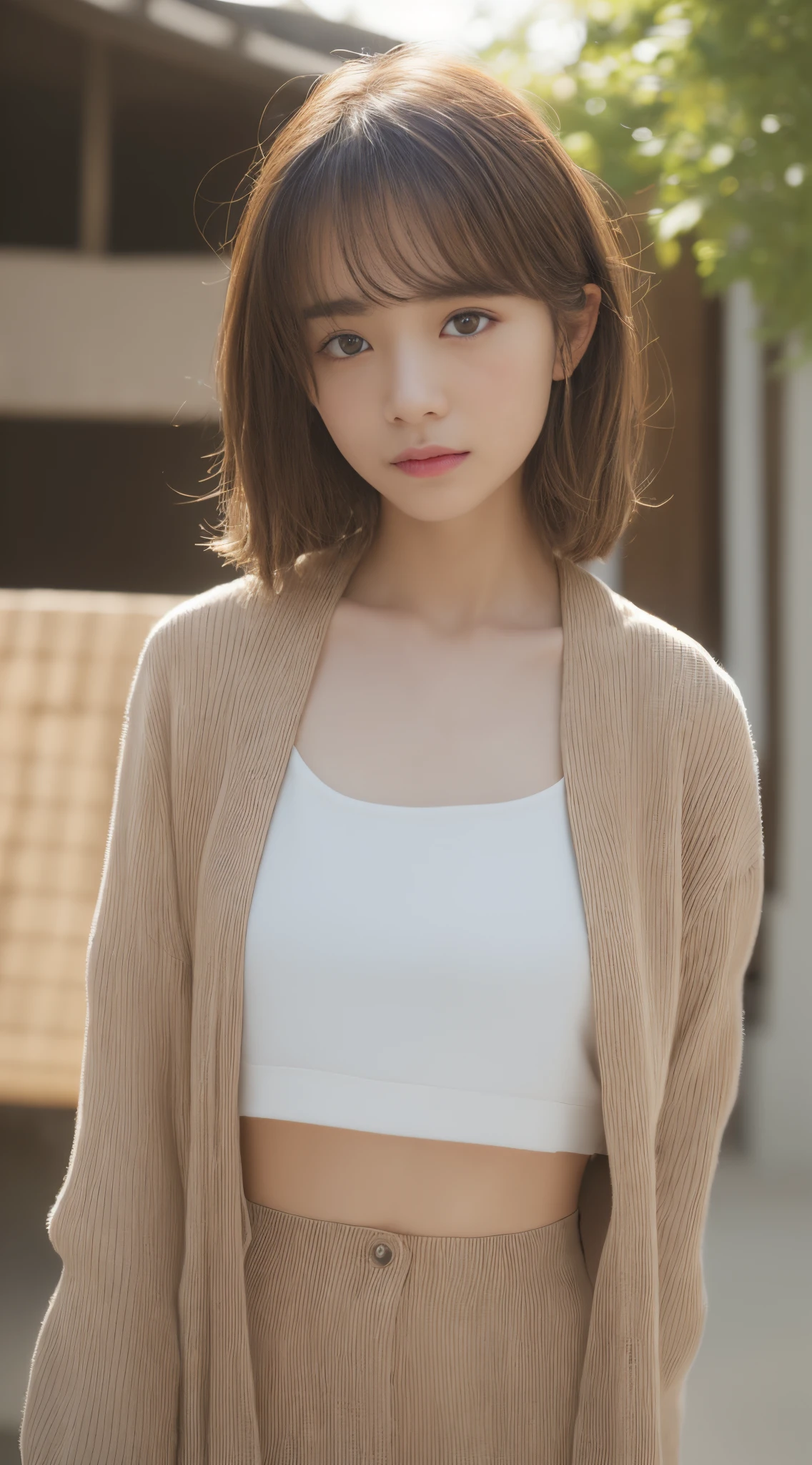((Realistic lighting、top-quality、8K、masterpiece:1.3))、Clear focus:1.2、1girl in、Perfect figure:1.4、Slim abs:1.1、((lightbrown hair))、(Fashionable autumn clothes)、(outside of house、natta:1.1)、Street、Super fine face、Narrow-eyed、二重まぶた、