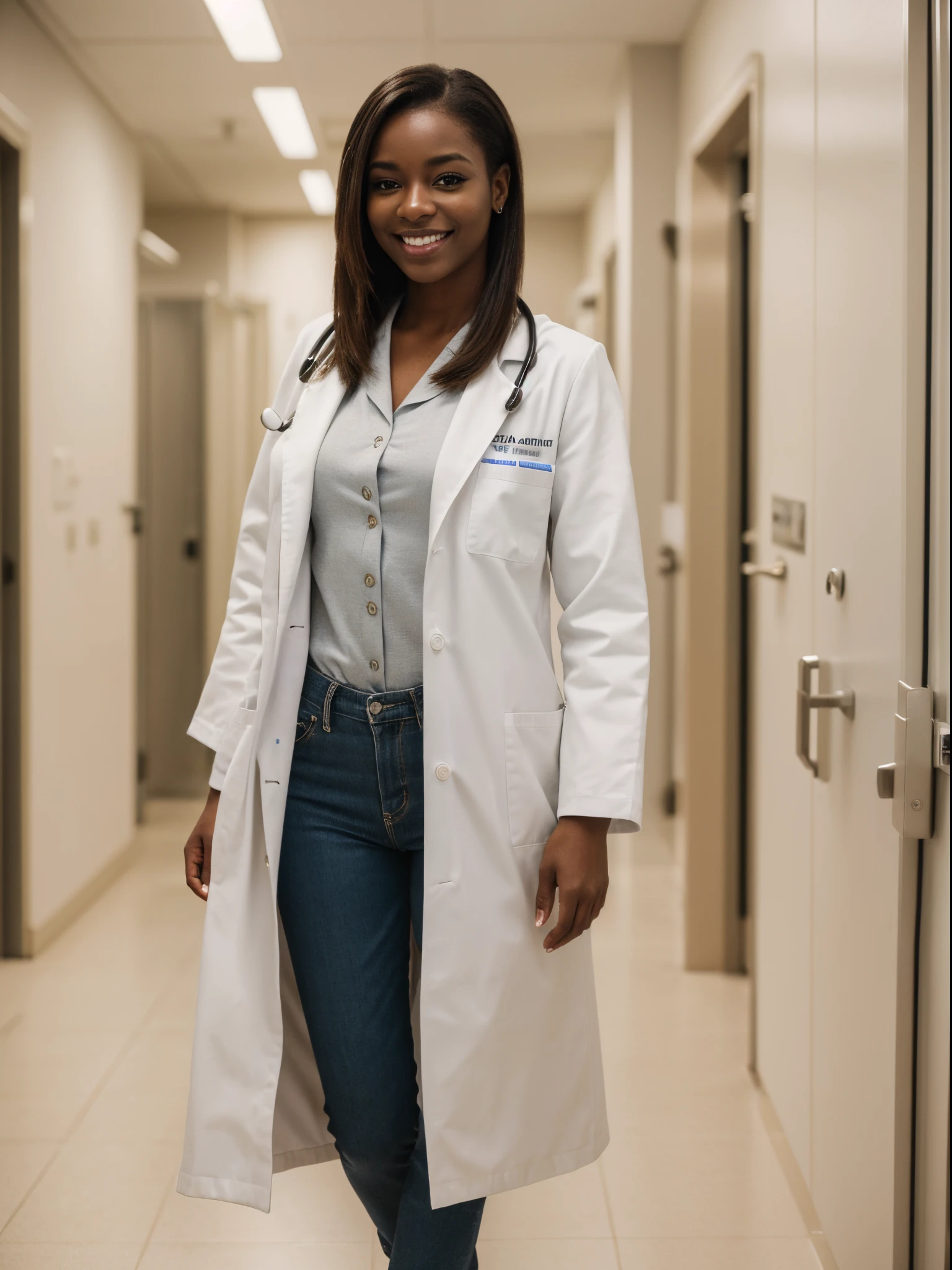 (Best quality,8k,ultra high res:1.2),(American woman,Stright hair),(Black skin),(Looking at viewer),(smile),(Stright hair),(White coat, Doctor suit),(at hospital),(Sfw),(Full body)