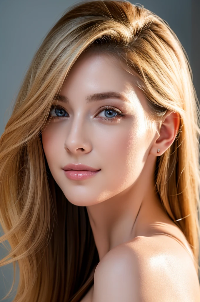 beautiful detailed eyes,beautiful detailed lips,extremely detailed eyes and face,long eyelashes,(best quality,4k,8k,highres,masterpiece:1.2),ultra-detailed,(realistic,photorealistic,photo-realistic:1.37),blonde semi-long hair,gorgeous Caucasian woman,bare breasts,bent over,nothing worn,view from above,looking at the camera,graceful smile,side view,slender yet well-proportioned body with large breasts,posing like a fashion model