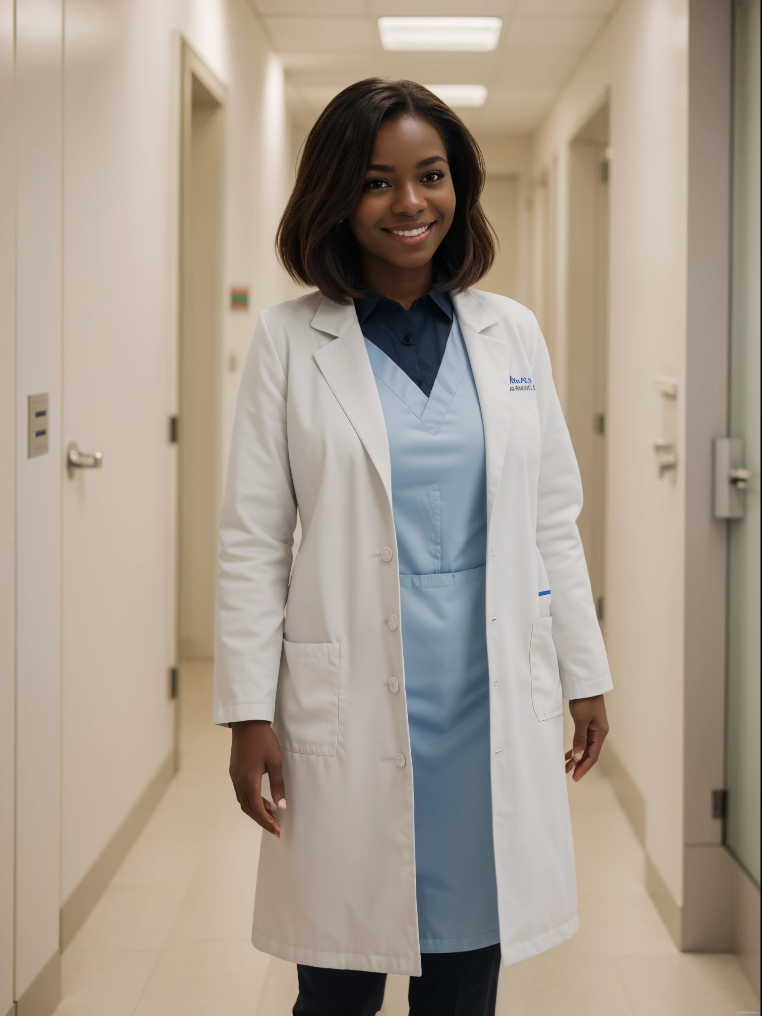 (Best quality,8k,ultra high res:1.2),(American woman,Stright hair),(Black skin),(Looking at viewer),(smile),(Stright hair),(White coat, Doctor suit),(at hospital),(Sfw),(Full body)