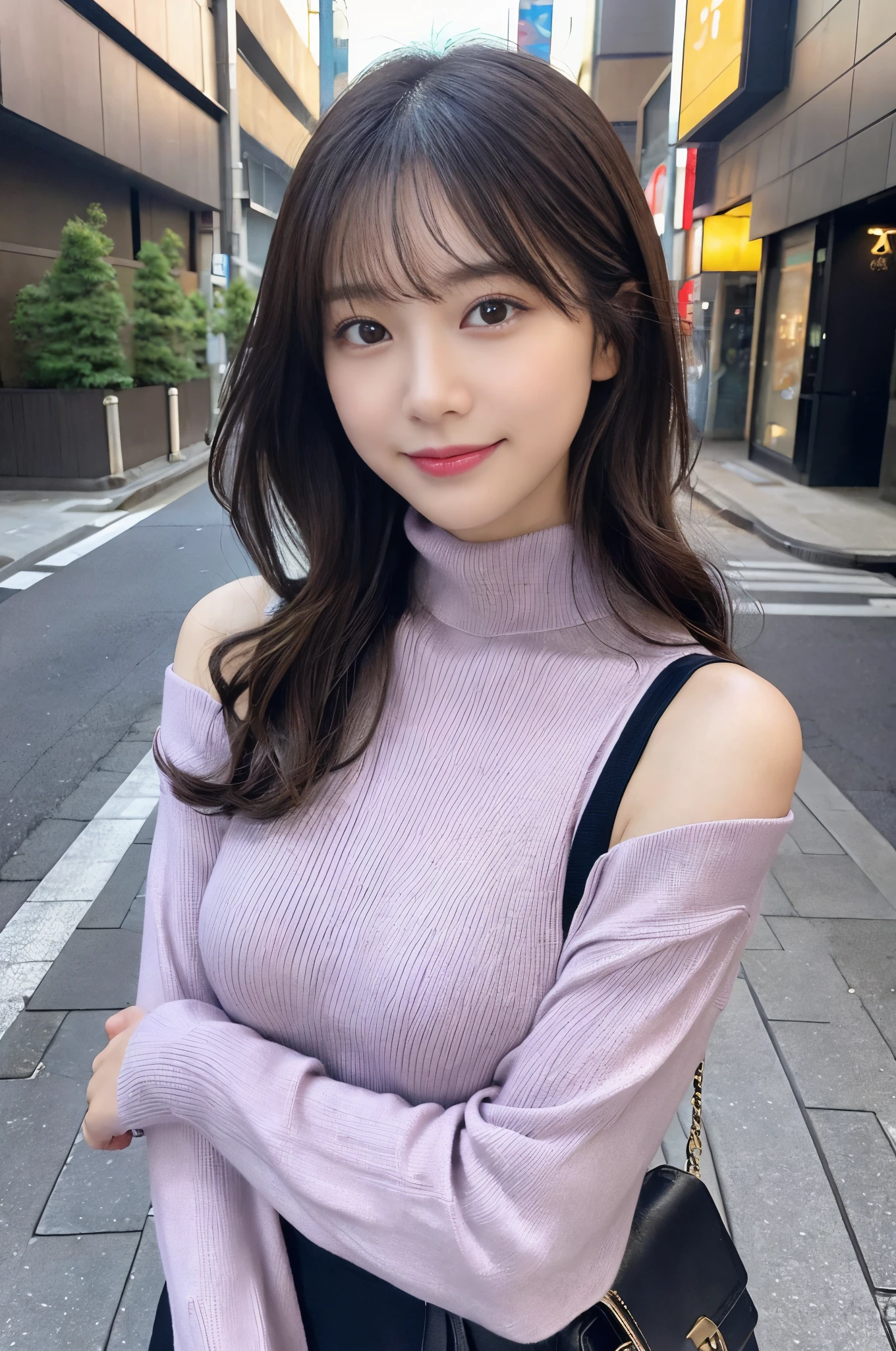 (Colossal tits、light purple turtleneck knit、Shoulder bag)、(top-quality,masterpiece:1.3,超A high resolution,),(ultra-detailliert,Caustics),(Photorealsitic:1.4,RAW shooting,)Ultra-realistic capture,A highly detailed,high-definition16Kfor human skin、 Skin texture is natural、、The skin looks healthy with an even tone、 Use natural light and color,Woman in her 30s,japanes,,kawaii,A dark-haired,Middle hair,(depth of fields、chromatic abberation、、Wide range of lighting、Natural Shading、)、(Hair swaying in the wind:1.2)、(Bewitching smile:1.2),(appointment:1.2)、 Streets of Tokyo