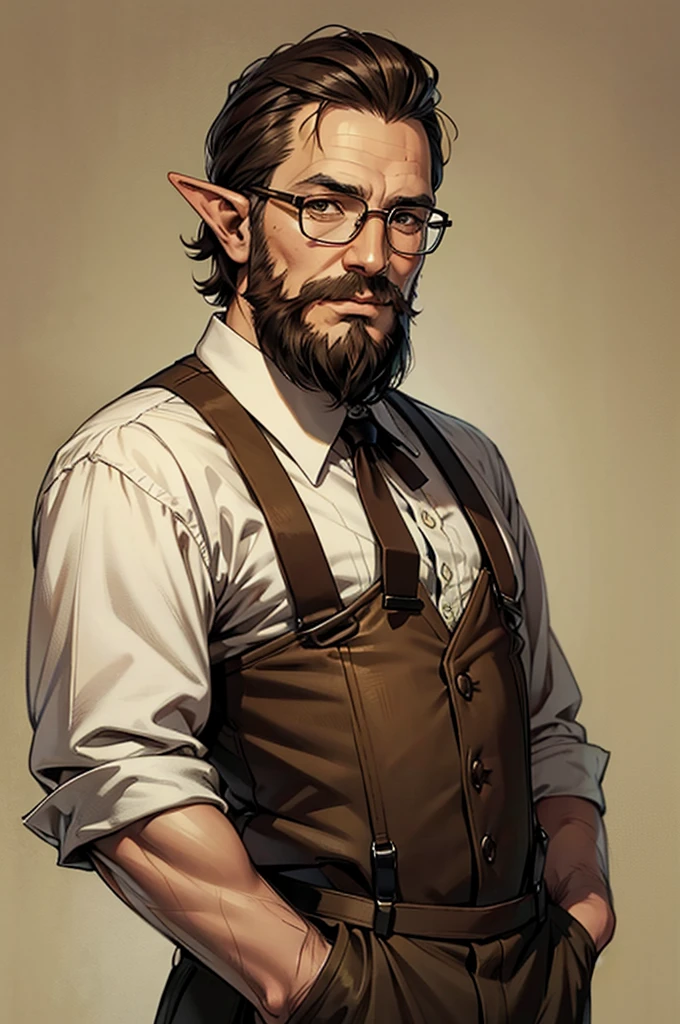 Older man, elven, brown eyes, short hair, glasses, beard. suspenders, mayor