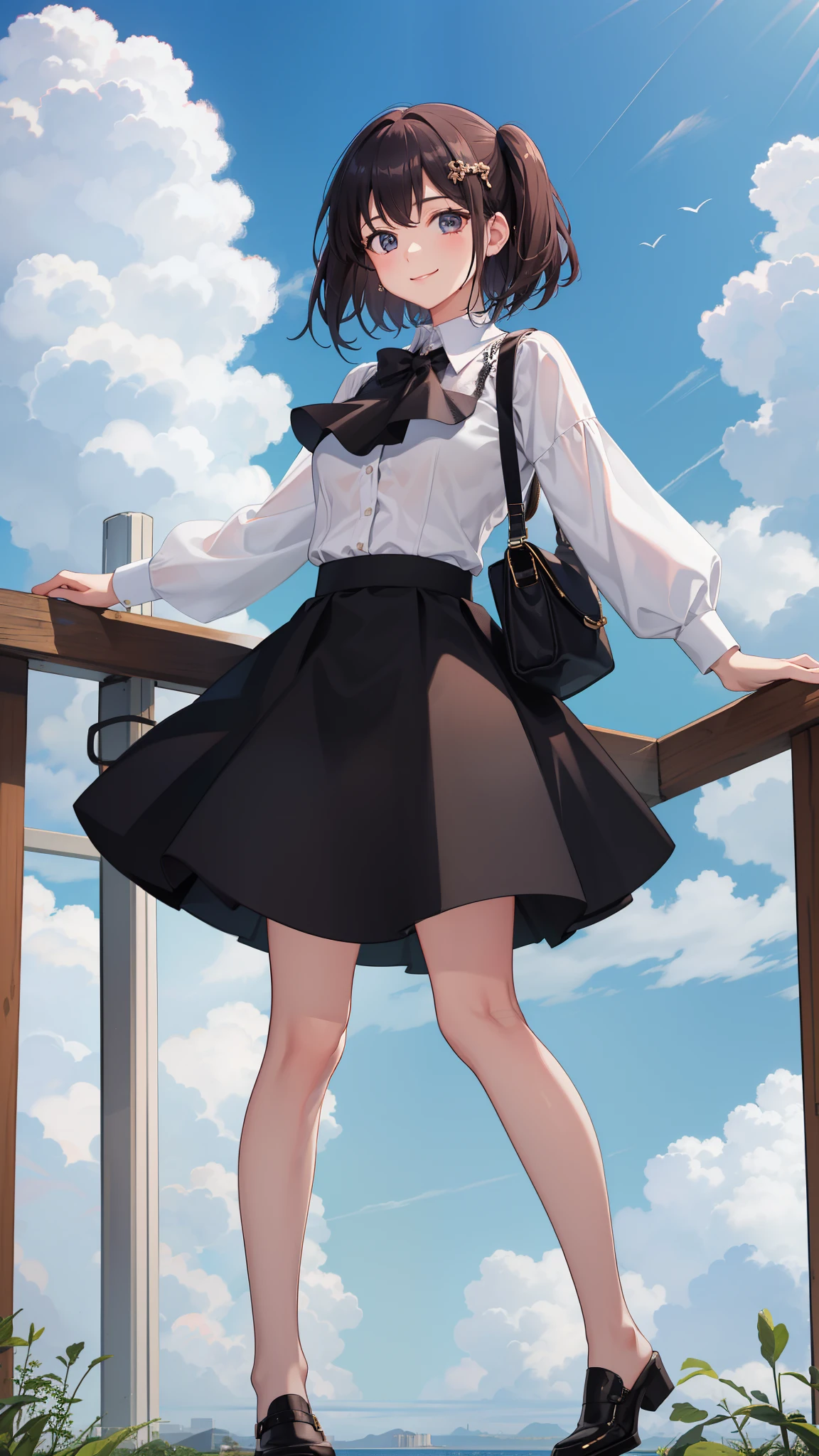 1girl in、imagem 4k、A smile、The shirt、Blouse、(paler)skirt by the、(small tits)Chilarism、movement、