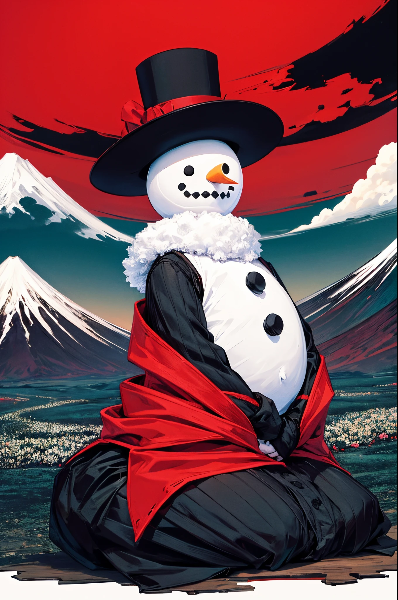 snowman black top hat, red scarf, black buttons, wooden arms, sitting in front of detailed Mt. Fuji, full moon