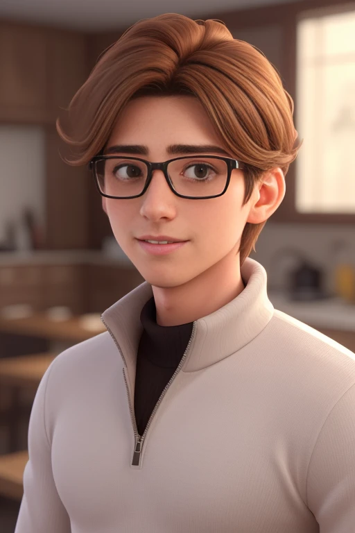 (Best Quality,4K,8K,hight resolution,masutepiece:1.2),Ultra-detailed,Realistic,hardworking young man with tousled brown hair, Handsome face, Square face shape, Light brown hair and eyes,Sauce order, Wearing a white turtleneck, Big glasses,smooth hair,Bangs fall on the forehead,