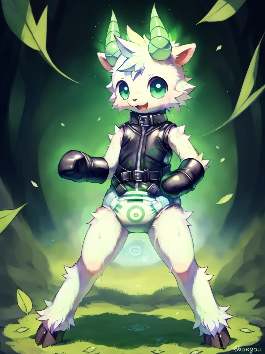 ((by wadorigi on Twitter)(Lamb)), pokemon, kid proportions, cute, adorable  , thin thighs, hooves,  upper limb hooves, light green fur, emerald horns, surrounded by glowing green spiral whirlwind with leaves, wearing soggy messy diaper leotard straitjacket, (leather cube shaped padded  fist mitts), leather wrist cuffs, standing