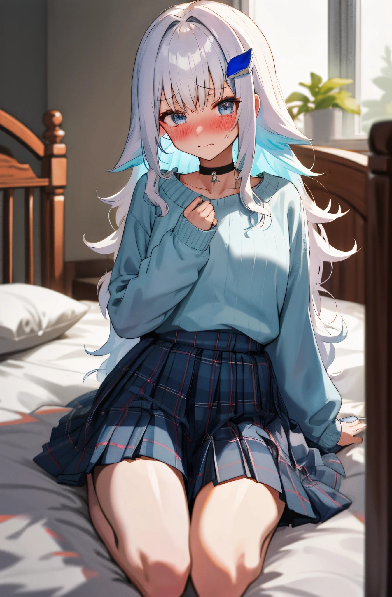 One girl with long wavy hair, white hair, blue inner hair, looking at viewer, embarrassed, blushing, tears, indoor , bed, oversized sweater, long sleeves, pleated skirt , plaid mini skirt, mini skirt, slim, dizzy, choker, mid-chest, wide hips, perfect waist, spread legs, day atmosphere, hair ornament, kneeling pose, pantyhose, (embarrassed:1.0)