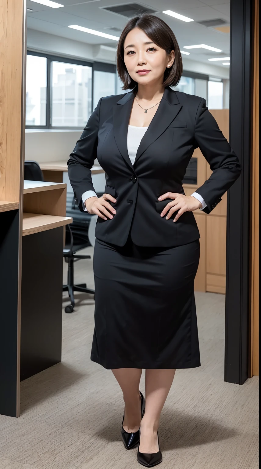 4k,8k,16k,32k,realistic, photorealistic, RAW photo,ultra realistic photo ,Best Quality, High Quality,Ultra Quality, 8K Portrait,CG unity 8k wallpaper, insanely detailed beautiful kawaii face,Japanese ,old woman,60 years old ,huge breast, voluptuous,(woman's Black Business Suit midi Skirt),frontage,cowboy shot,in Glass-walled IT Office