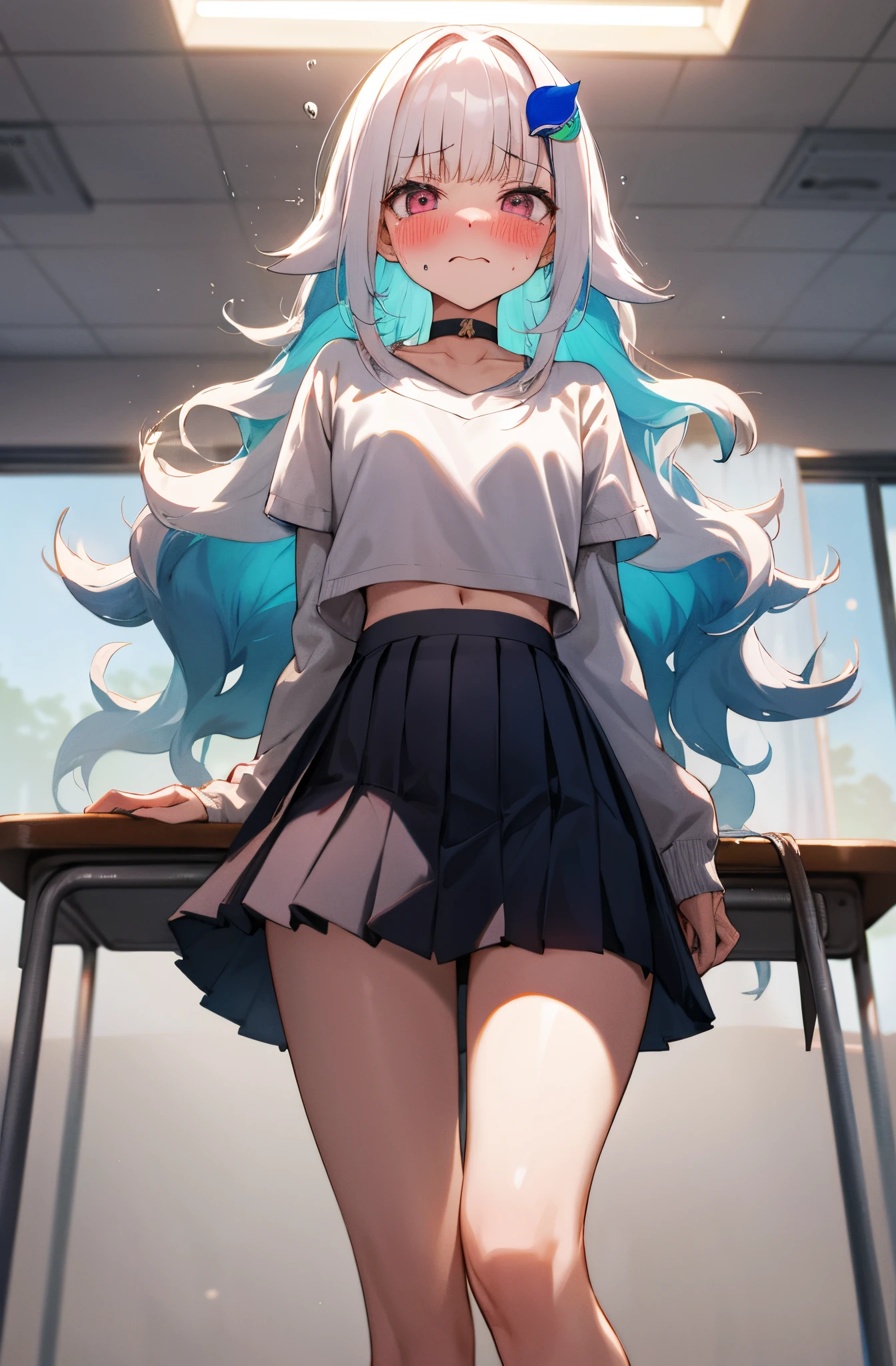 One girl with long wavy hair, white hair, blue inner hair, looking at viewer, embarrassed, blushing, tears, indoor , classroom, oversized sweater, long sleeves, pleated skirt , pink skirt, mini skirt, midriff, slim, dizzy, choker, mid-chest, wide hips, perfect waist, spread legs, day atmosphere, hair ornament, standing, (embarrassed:1.0)