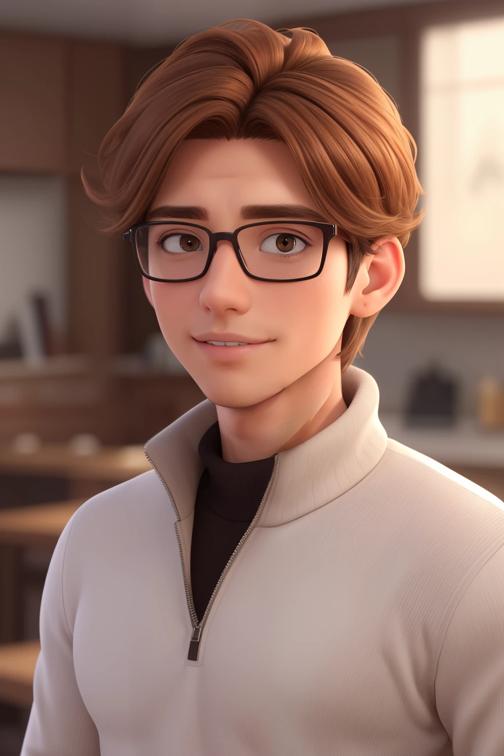 (Best Quality,4K,8K,hight resolution,masutepiece:1.2),Ultra-detailed,Realistic,hardworking young man with tousled brown hair, Handsome face, Square face shape, Light brown hair and eyes,Sauce order, Wearing a white turtleneck, Big glasses,smooth hair,Bangs fall on the forehead,