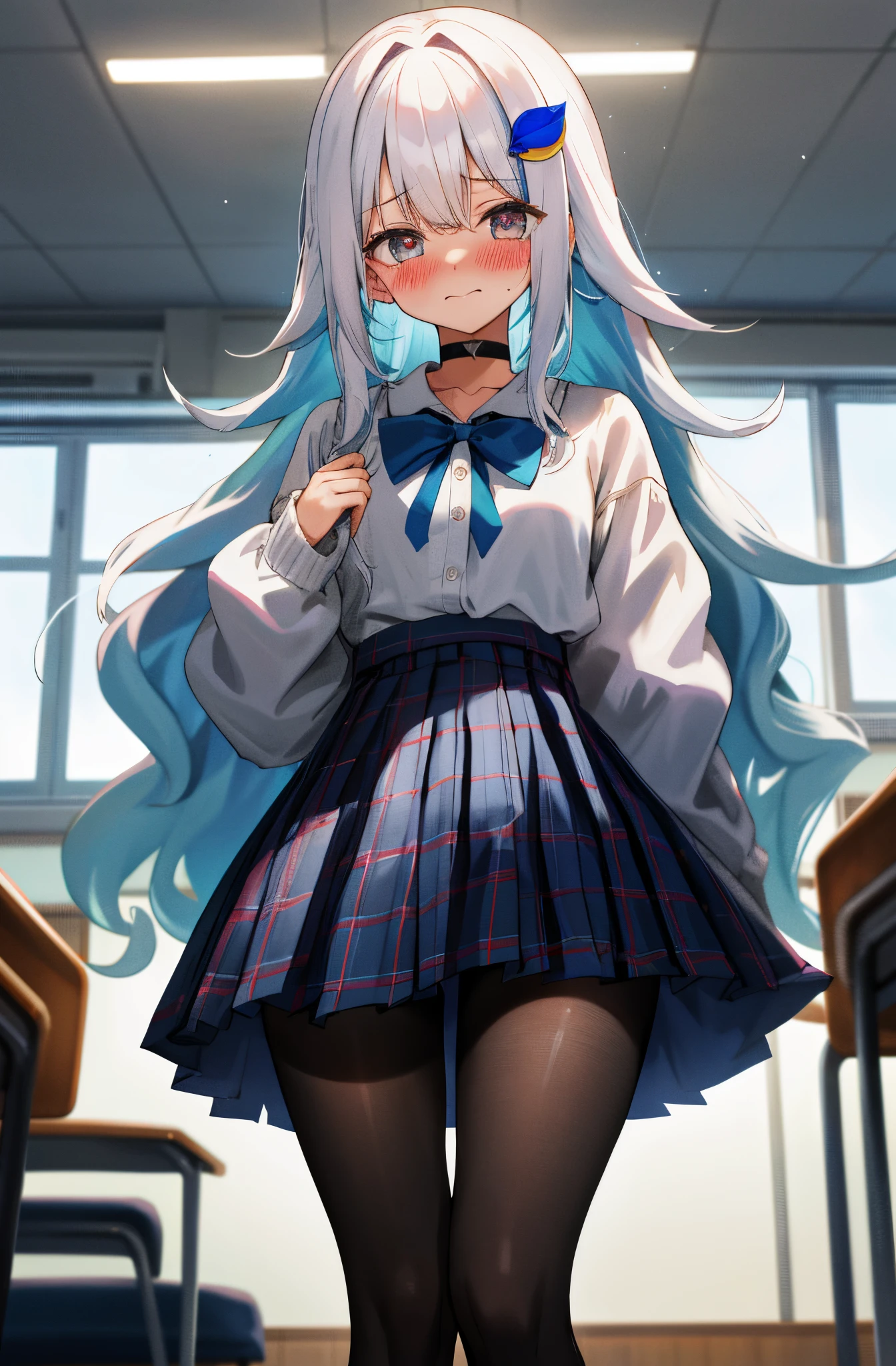 One girl with long wavy hair, white hair, blue inner hair, looking at viewer, embarrassed, blushing, tears, indoor , classroom, oversized sweater, long sleeves, pleated skirt , plaid mini skirt, mini skirt, slim, dizzy, choker, mid-chest, wide hips, perfect waist, spread legs, day atmosphere, hair ornament, standing, pantyhose, (embarrassed:1.0)