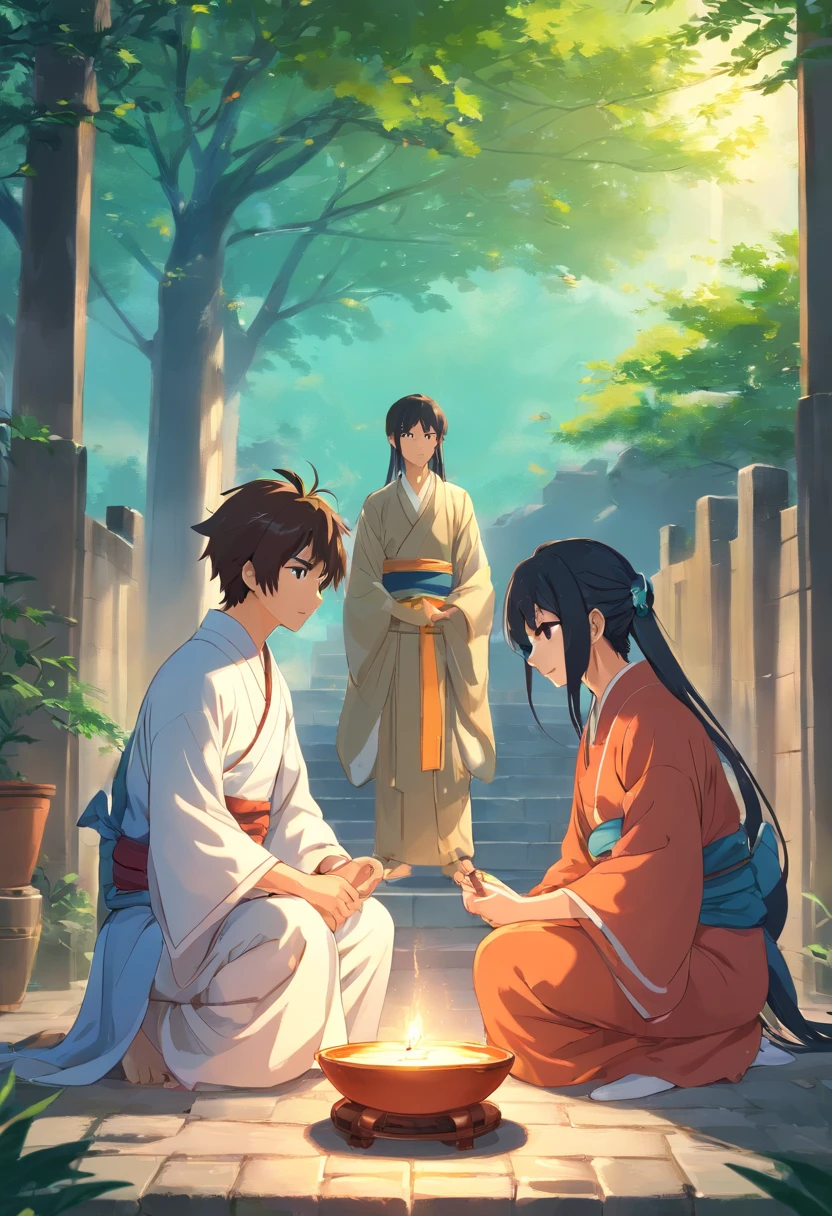 Three 14-year-old boys got married,Song dynasty costumes,Song Dynasty literati costumes,kneeling to sitting on the ground,They all have a bowl of wine in their hands,In the center is the protagonist,The characters on the left and right are somewhat similar,