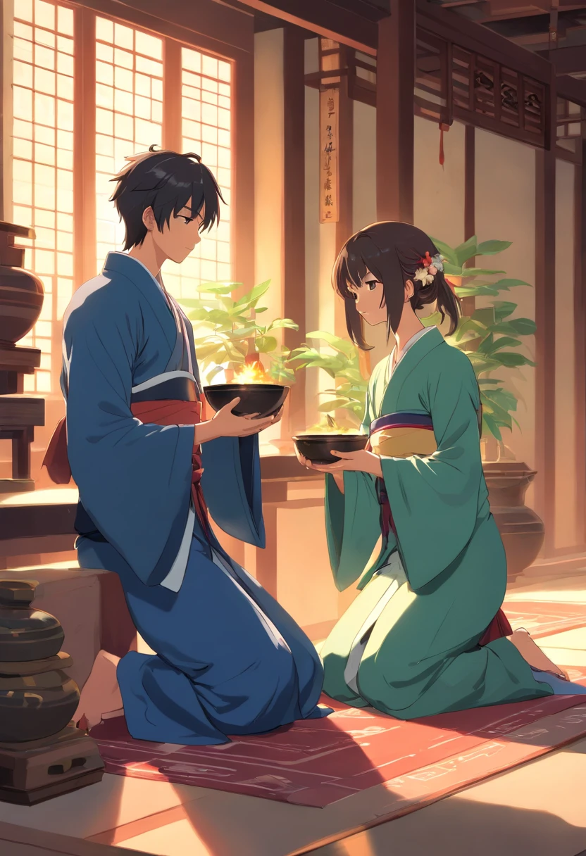 Three 14-year-old boys got married，Song dynasty costumes，Song Dynasty literati costumes，kneeling to sitting on the ground，They all have a bowl of wine in their hands，In the center is the protagonist，The characters on the left and right are somewhat similar，