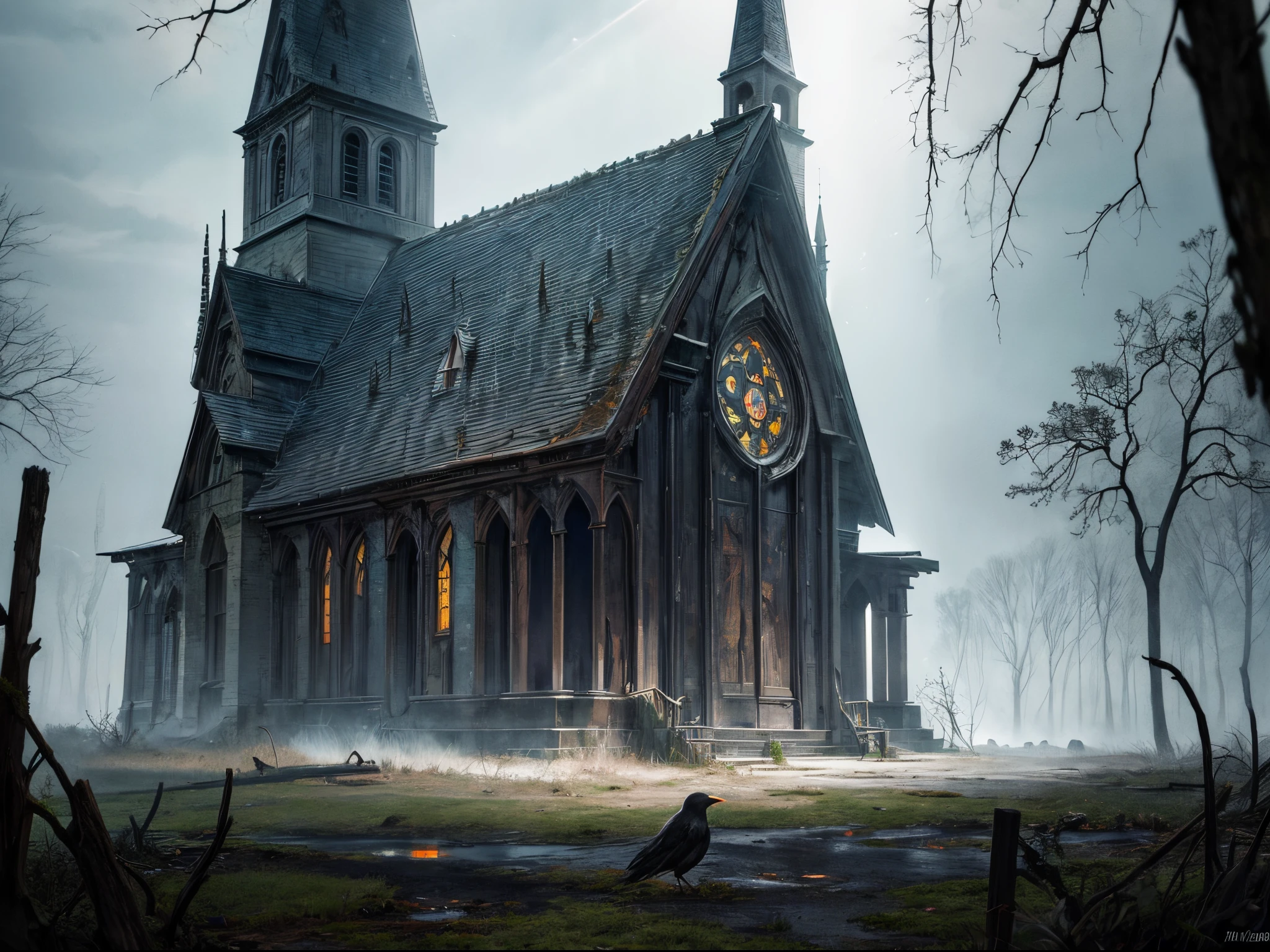 (abandoned rustic church,watercolor,clipart,very detailed,eerie,crows,dark fantasy):(best quality,4k,8k,highres,masterpiece:1.2),ultra-detailed,(realistic,photorealistic,photo-realistic:1.37),HDR,UHD,studio lighting,ultra-fine painting,sharp focus,physically-based rendering,extreme detail description,professional,vivid colors,bokeh,portraits,landscape,horror,anime,sci-fi,photography,concept artists,watercolor style,dark muted tones,set in autumn,aged vintage texture,ominous atmosphere,mystical,defaced stained-glass windows,overgrown vines and moss,barren trees,abandoned pews,crumbling stonework,lonely silhouette of a priest,light streaming through cracks,crowd of crows perched on the church,feathery brush strokes,ethereal,haunting,otherworldly