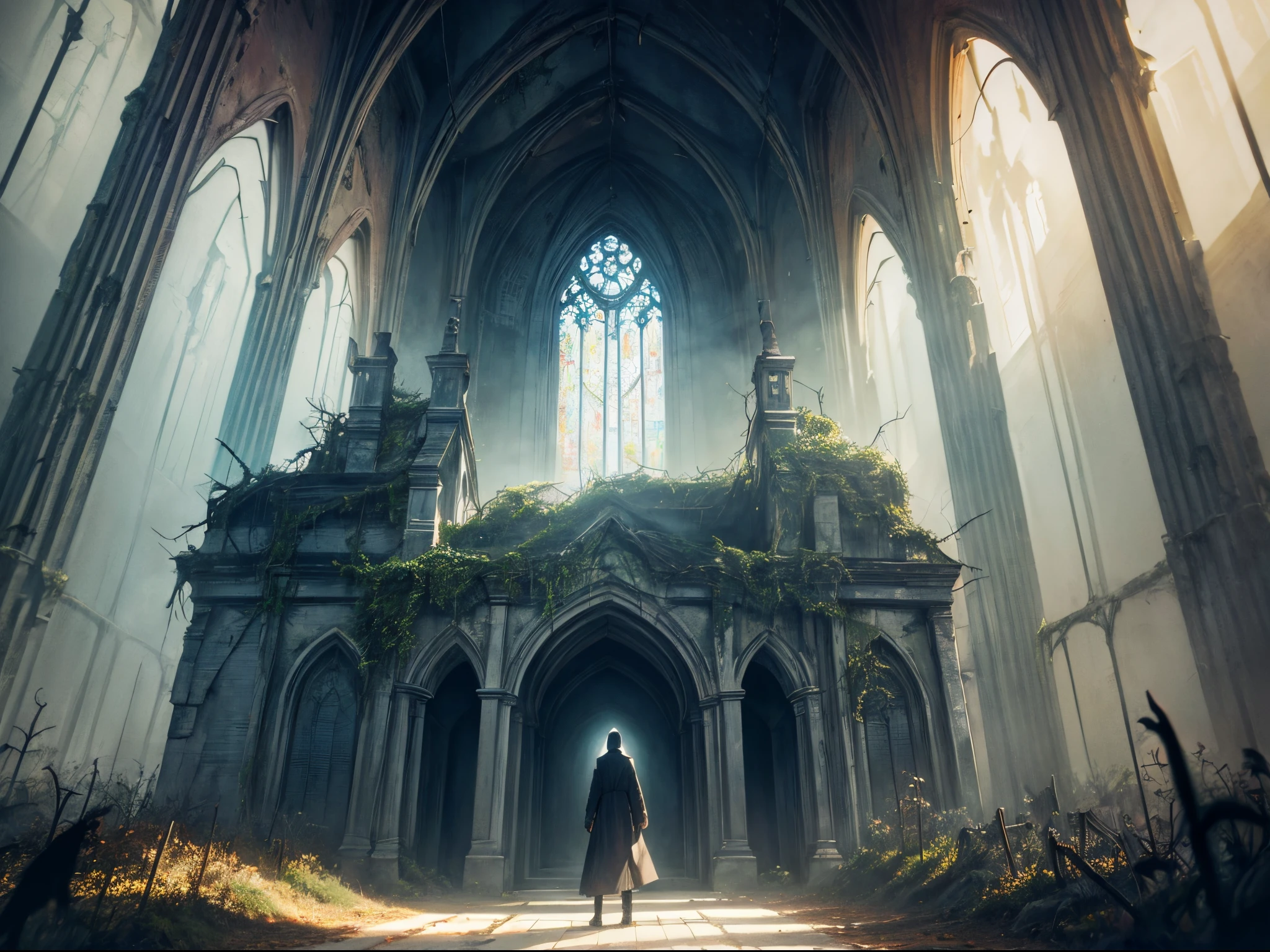(abandoned rustic church,watercolor,clipart,very detailed,eerie,crows,dark fantasy):(best quality,4k,8k,highres,masterpiece:1.2),ultra-detailed,(realistic,photorealistic,photo-realistic:1.37),HDR,UHD,studio lighting,ultra-fine painting,sharp focus,physically-based rendering,extreme detail description,professional,vivid colors,bokeh,portraits,landscape,horror,anime,sci-fi,photography,concept artists,watercolor style,dark muted tones,set in autumn,aged vintage texture,ominous atmosphere,mystical,defaced stained-glass windows,overgrown vines and moss,barren trees,abandoned pews,crumbling stonework,lonely silhouette of a priest,light streaming through cracks,crowd of crows perched on the church,feathery brush strokes,ethereal,haunting,otherworldly
